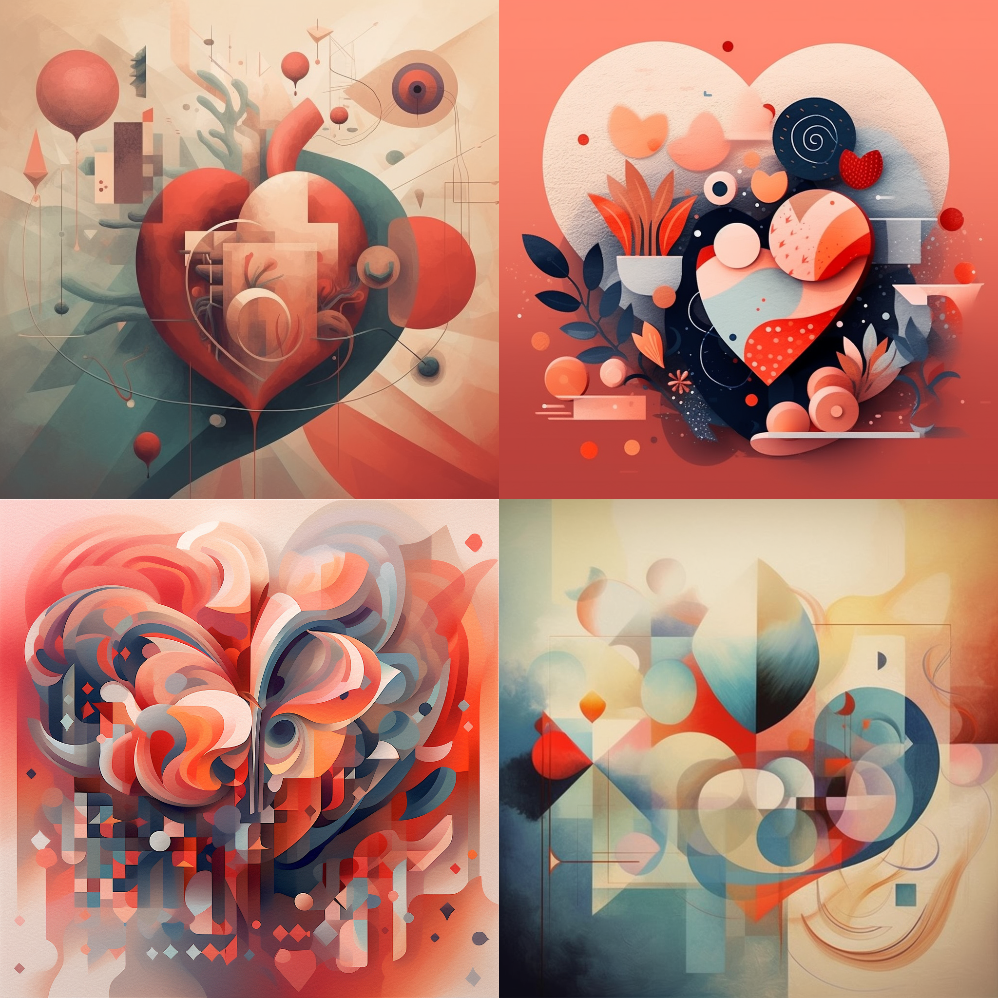 抽象插画风格，心形符号，柔和色彩，几何形状，超现实主题，曲线光影效果，情感共鸣，创意构图，艺术氛围。