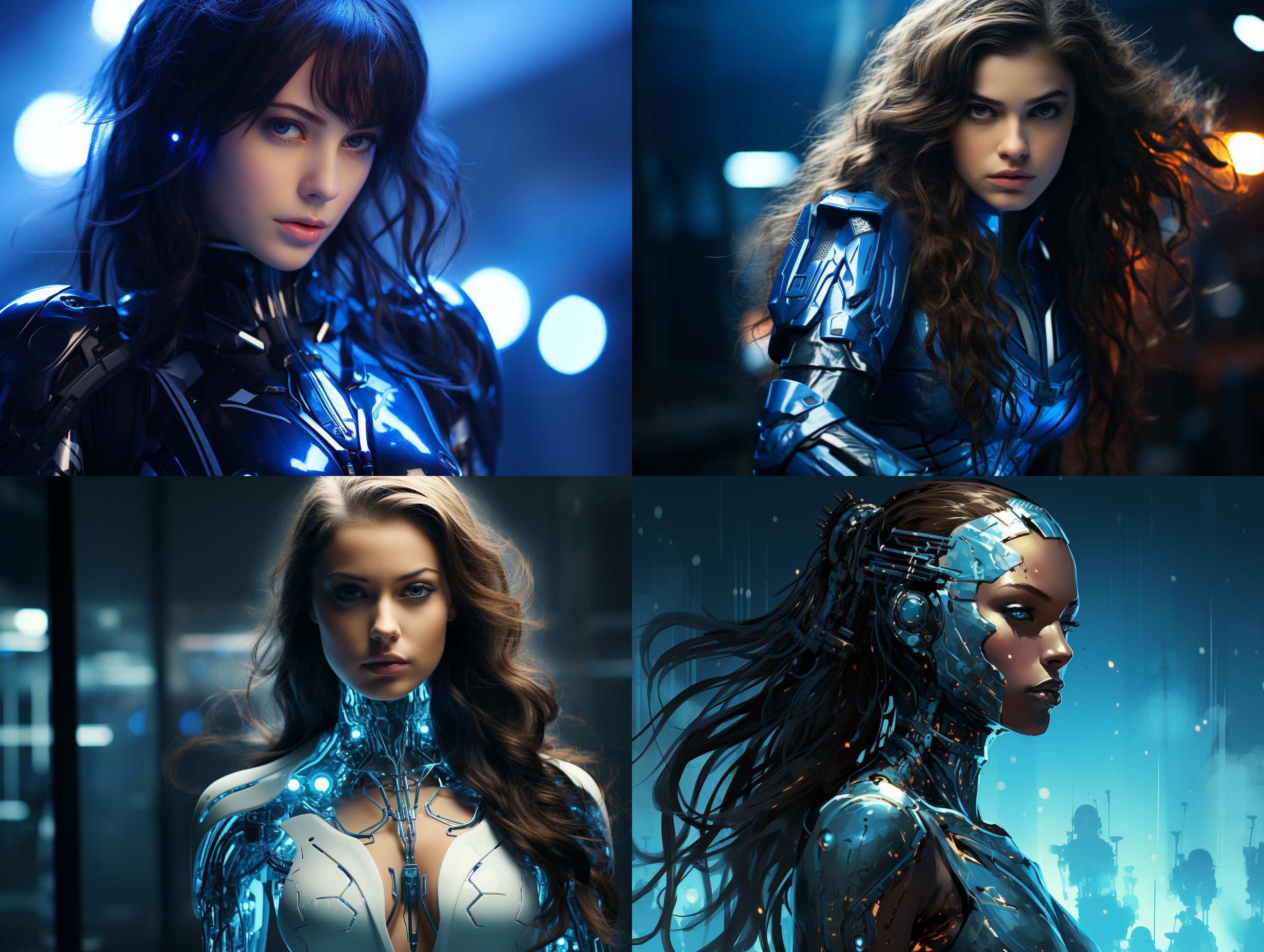 机械战甲少女，未来感房间，背影，科幻风格，高饱和度，长焦镜头，冷色调，侧光，行动姿态，蓝色主导，神秘。