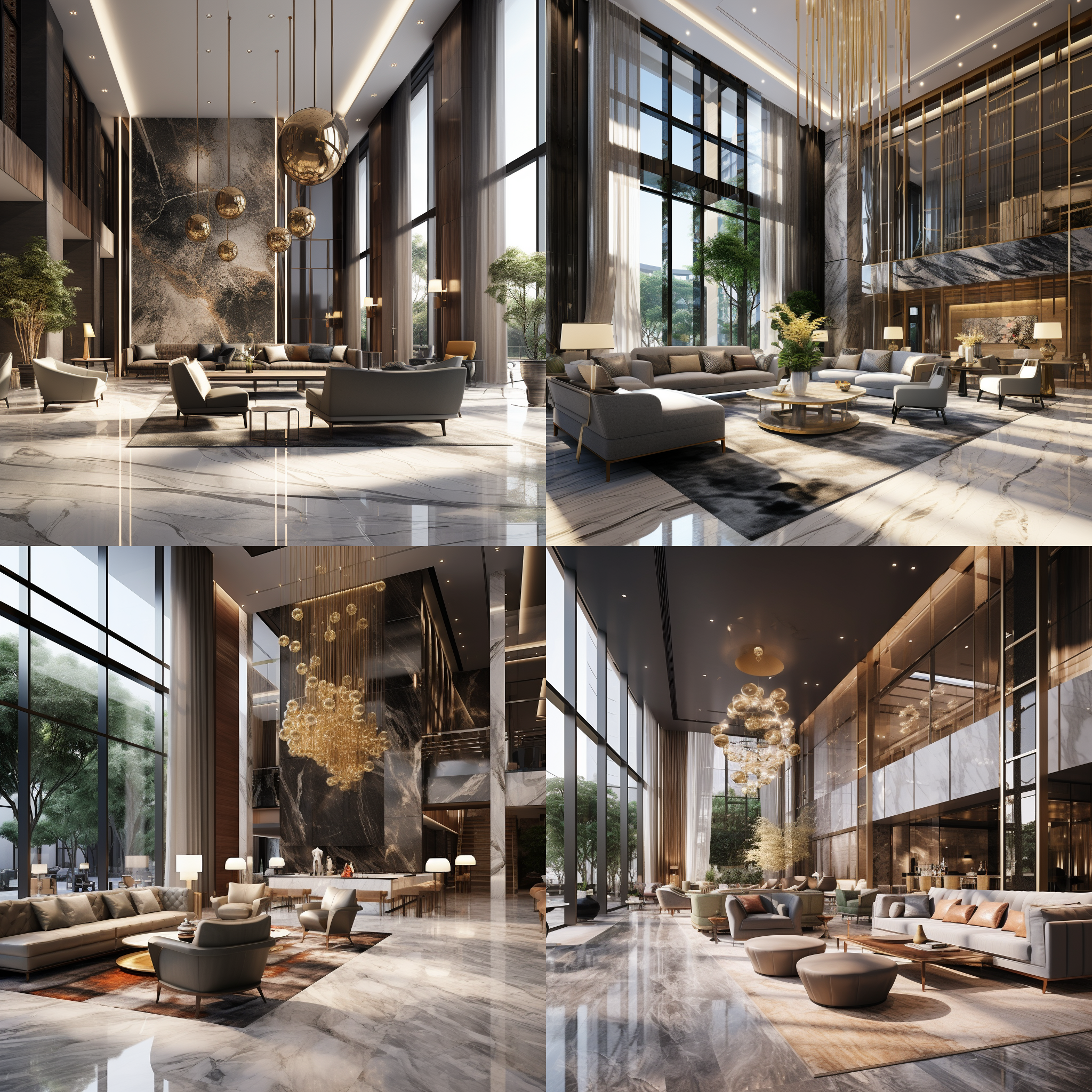 室内空间，大堂，大地色系，玻璃幕墙，大堂吧的沙发组合，铜质感的服务前台，艺术玻璃屏风，灰色大理石地面，陈设艺术品，阳光照射，温暖灯光，现代风格，明亮，舒适。