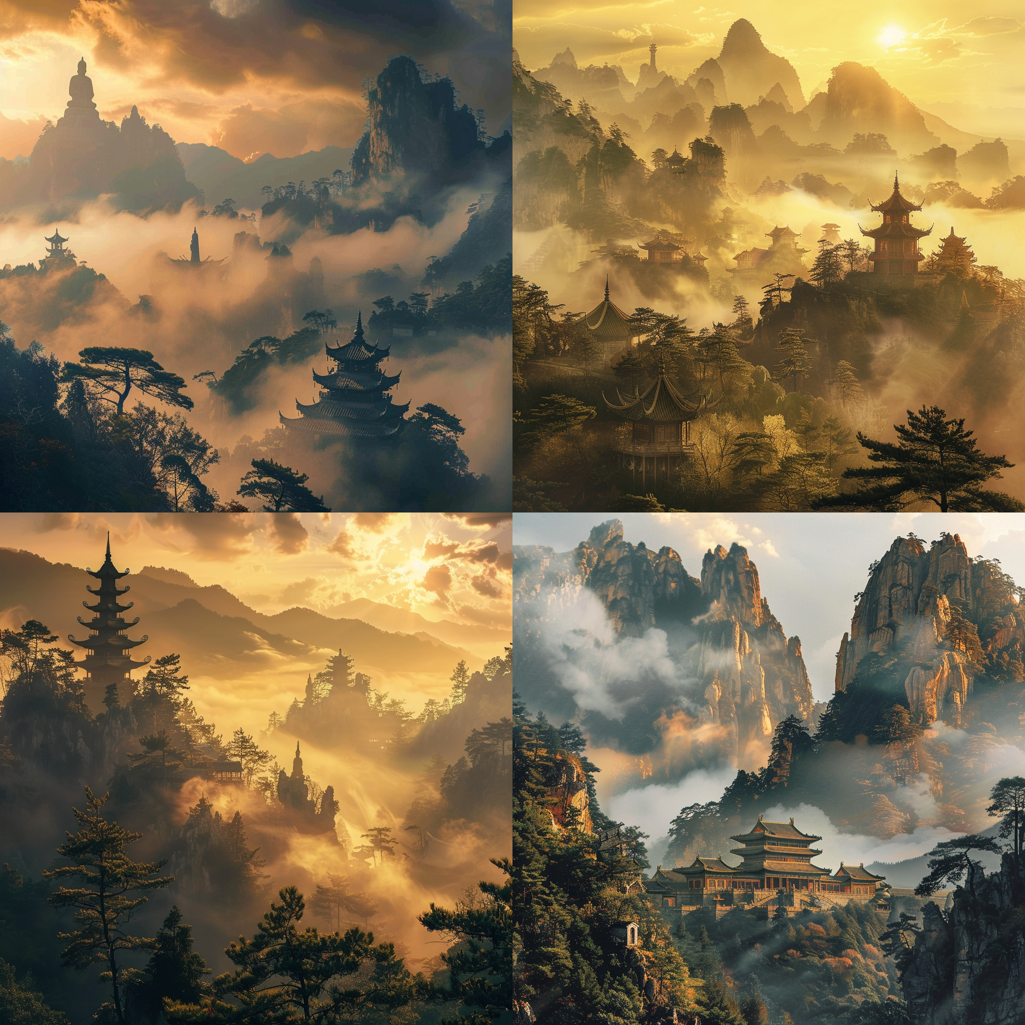 云海，山峰，道观，树木，神像，日出，宁静，雾气，华丽，寺庙，远景，低角度视角，自然光，静态，古风，金黄色调。