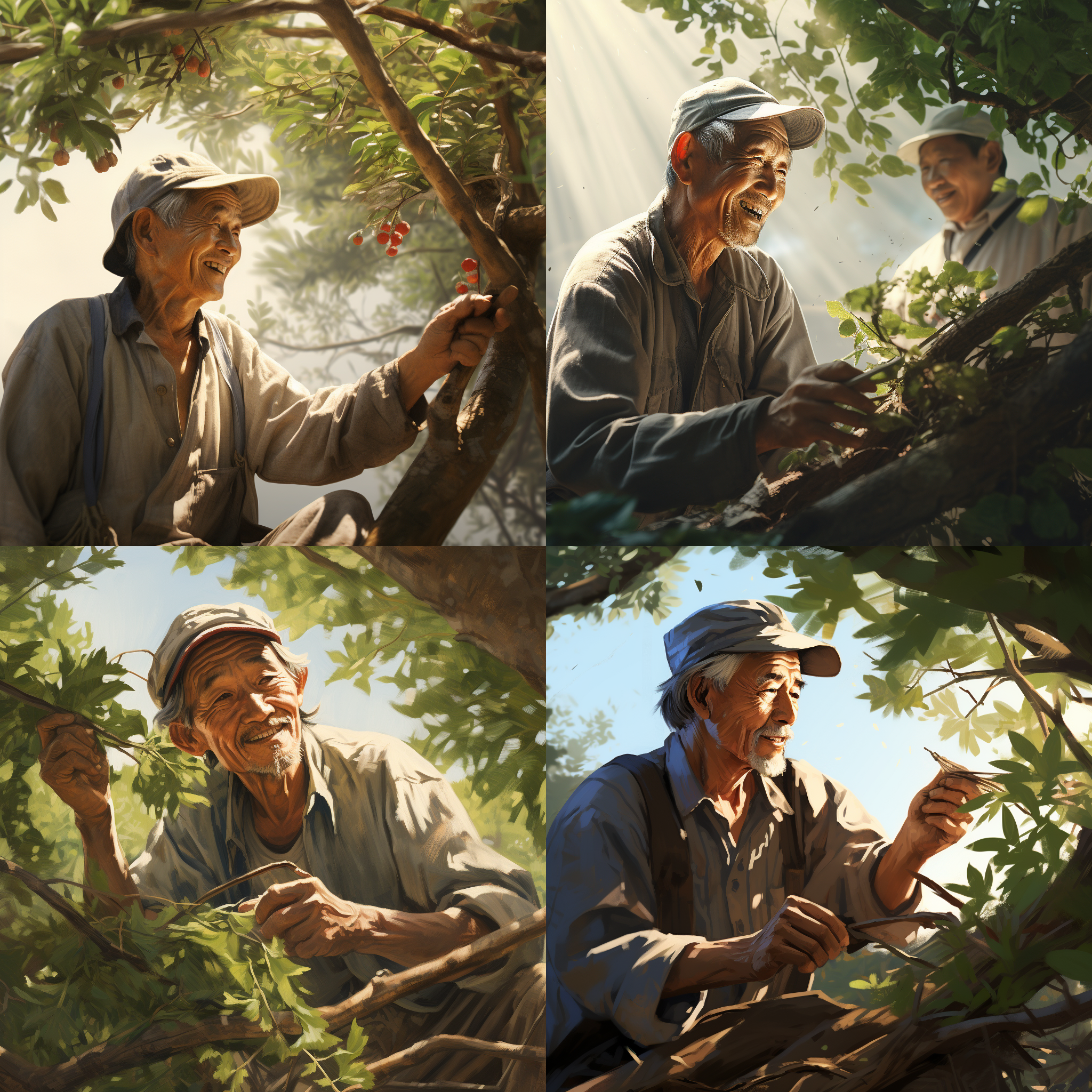 香椿树下，一位年长农民在修剪树枝。清晨阳光透过树叶洒落在他的脸上，映衬着他微笑的表情。整体画面充满田园风光和宁静氛围。人物特写，绿色调，自然光，镜头焦距，修剪动作，和谐。