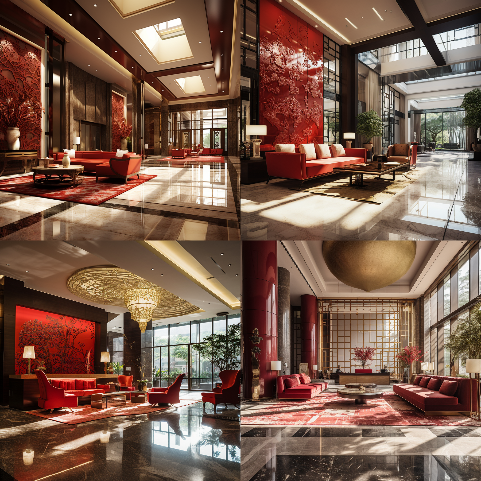 中国风大堂，明亮室内，红色沙发，铜质服务前台，玻璃屏风，大理石地面，艺术品，阳光照射，温暖灯光，中国风格，舒适，现代，室内空间, 高清晰度，广角镜头，暖色调，静态。