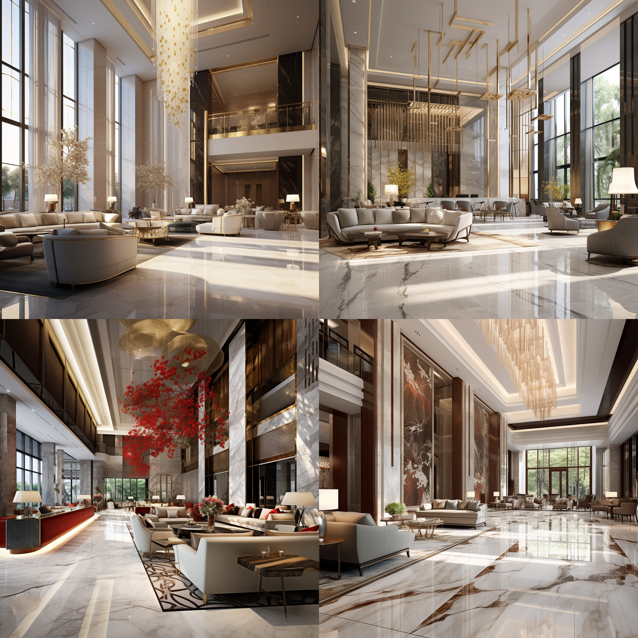 中国风大堂，高大明亮，大堂吧，组合沙发，铜质服务前台，玻璃屏风，白色大理石地面，白色大理石墙面，艺术品，阳光照射，温暖灯光，中国风格，舒适现代，高清晰度，广角镜头，暖色调，静态。 
