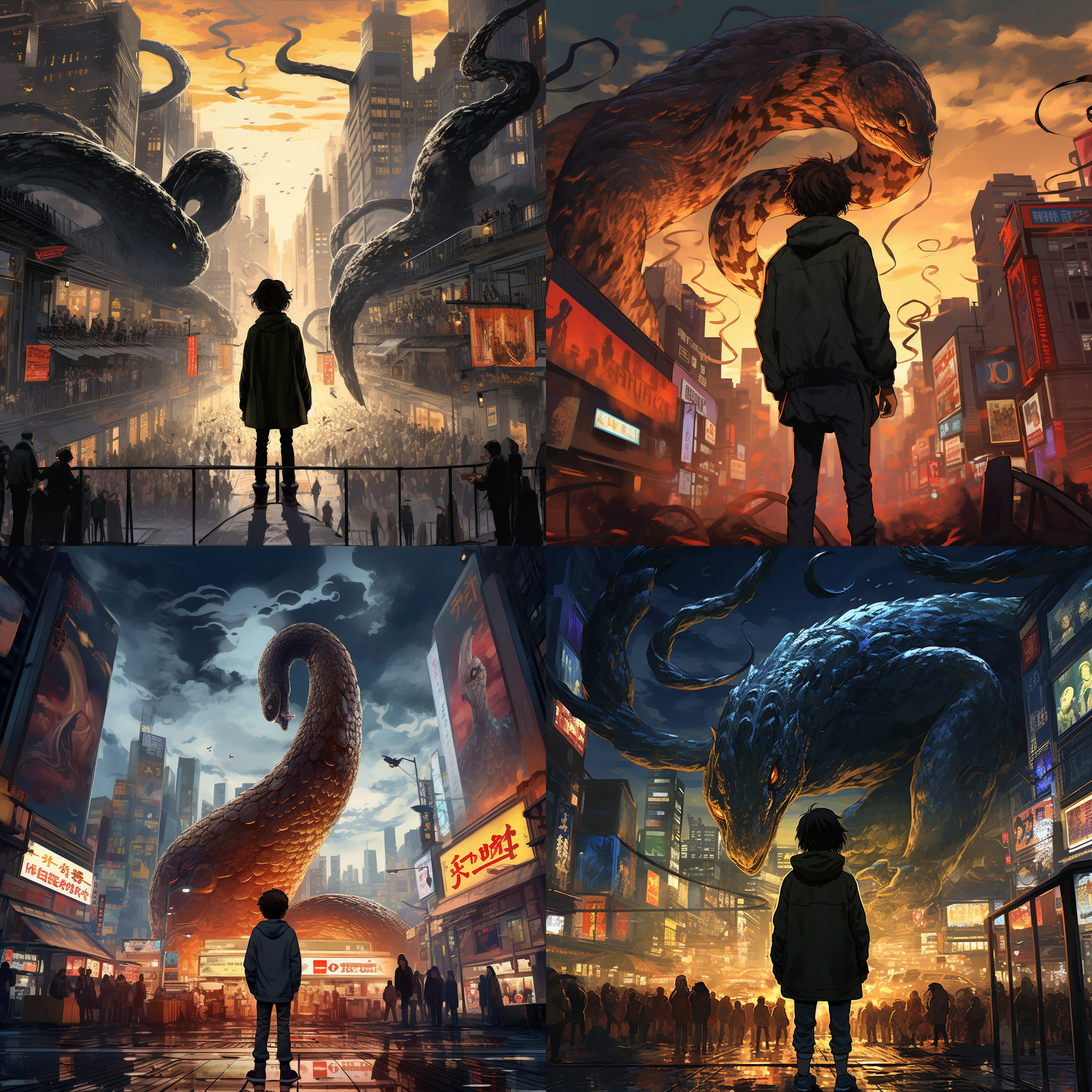 孤独少年站在繁忙的城市街道上，背后是一条体型庞大的巨蟒正在守护着这个城市。画面采用鸟瞰视角，城市街道上人潮涌动，楼宇林立。少年身穿黑色外套，面容深沉，表情疲惫。光线明亮，色调鲜艳，突出巨蟒和少年的对比。城市生活，孤独，守护，巨蟒，少年，鸟瞰视角，明亮光线，鲜艳色调。