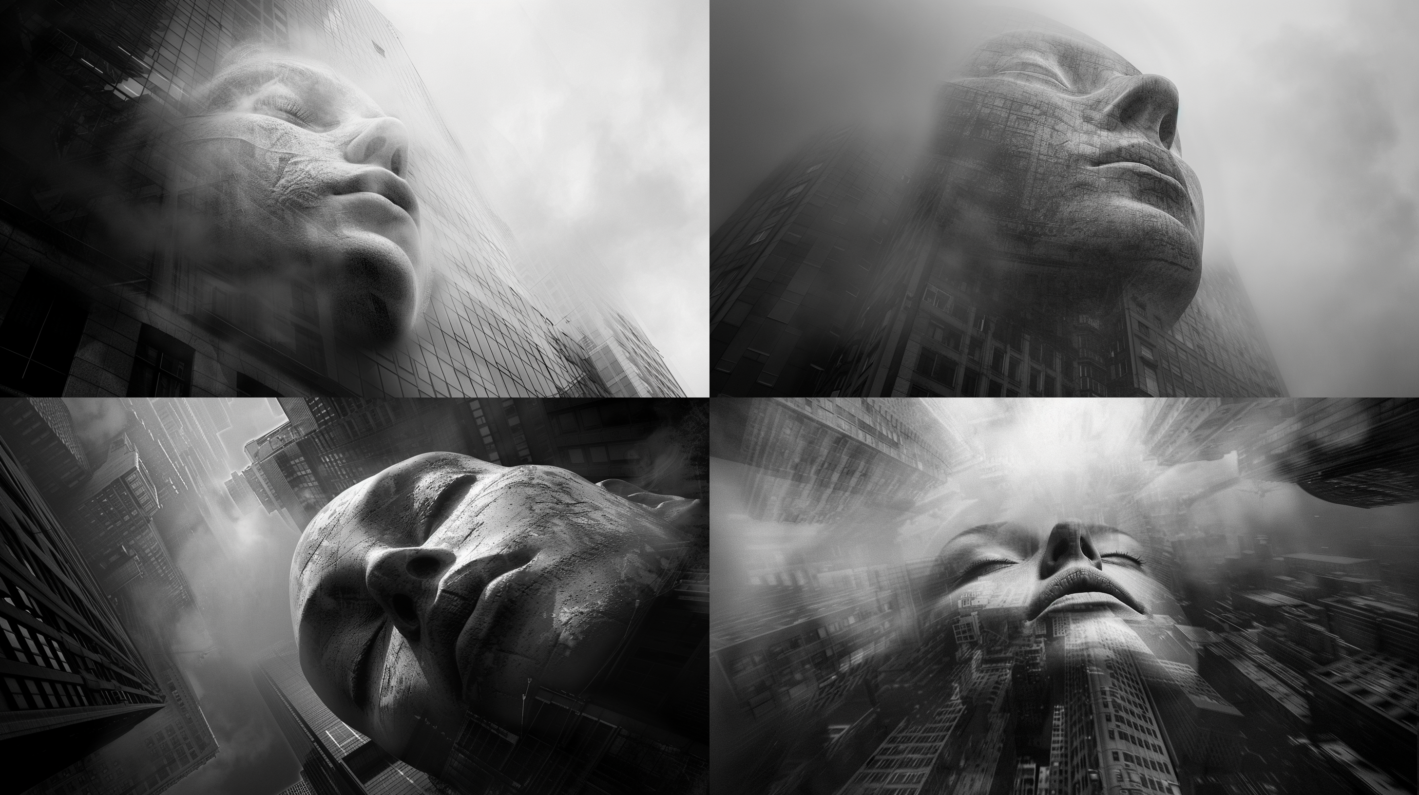 巨大人脸，楼宇上空，沉睡，黑白摄影，梦境，朦胧，细节清晰，高角度，对比度强，迷离，神秘。