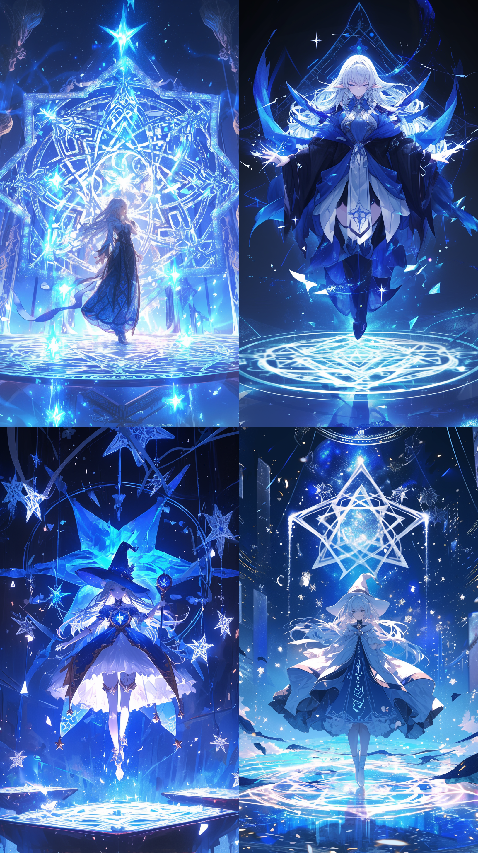 一位白发女性魔法使，身穿蓝白色相间的法袍，头戴白色法师帽，瞳孔散发蓝色光芒，地上出现五角芒星的古老魔法阵，周围散发洁白的魔法光芒，魔法符号悬浮，能量展现，神圣感