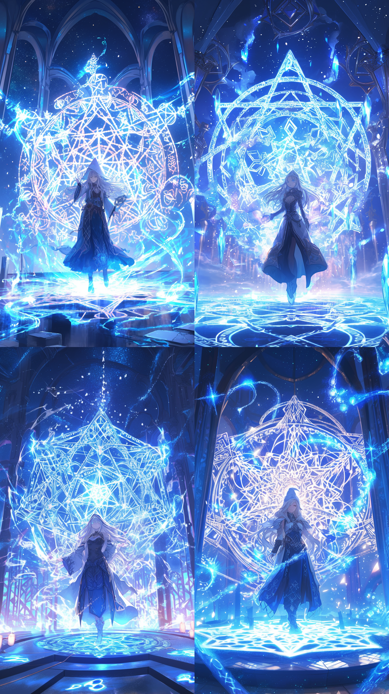 一位白发女性魔法使，身穿蓝白色相间的法袍，头戴白色法师帽，瞳孔散发蓝色光芒，地上出现五角芒星的古老魔法阵，周围散发洁白的魔法光芒，魔法符号悬浮，能量展现，神圣感