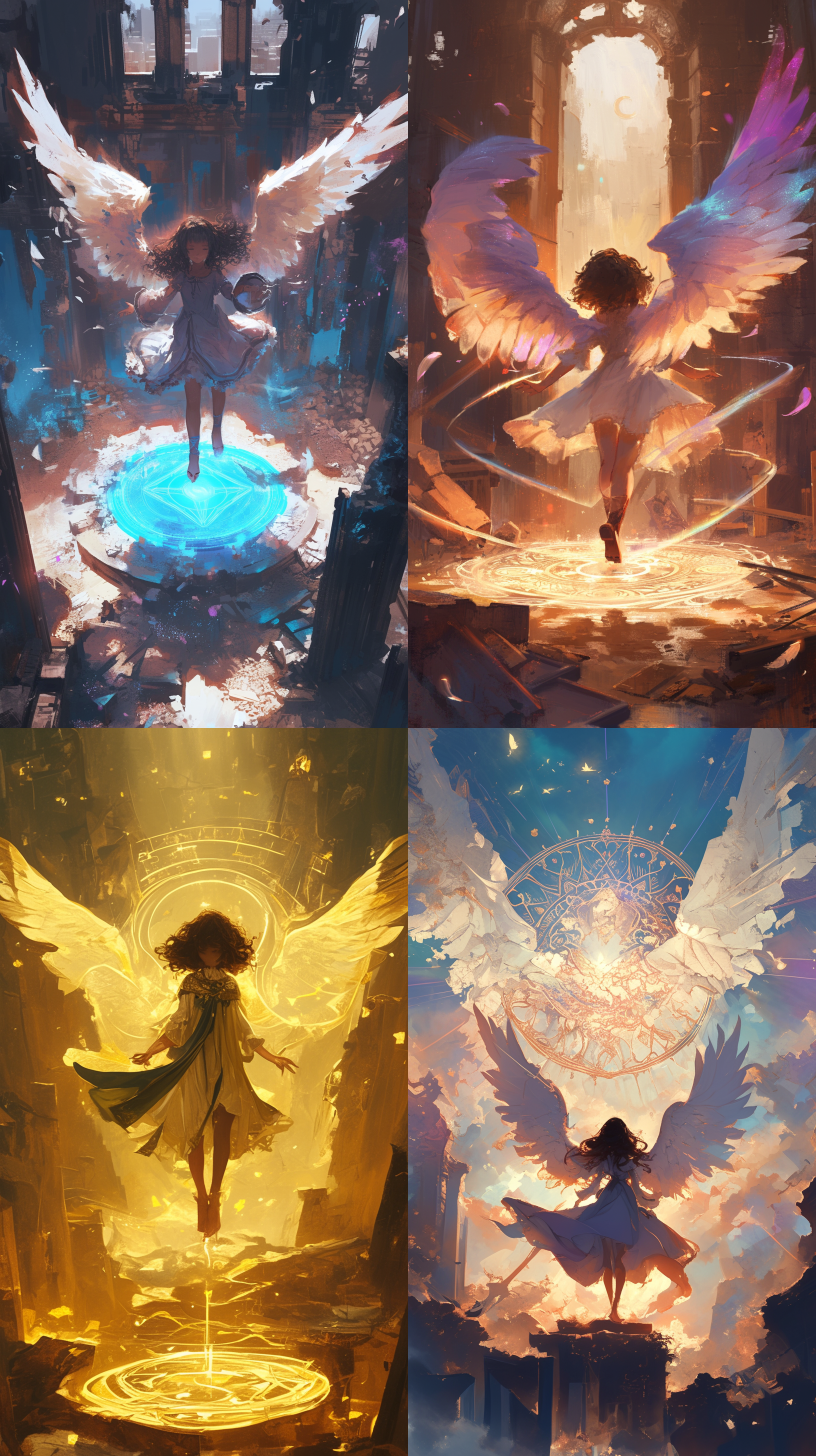 六翼天使在废墟中面对着黑卷发的小女孩，天使释放着祝福的魔法，周围发出神圣的魔法金光，小女孩脚下浮现一个美丽的魔法阵，魔法符号悬浮，能量展现，绚丽，神圣，希望