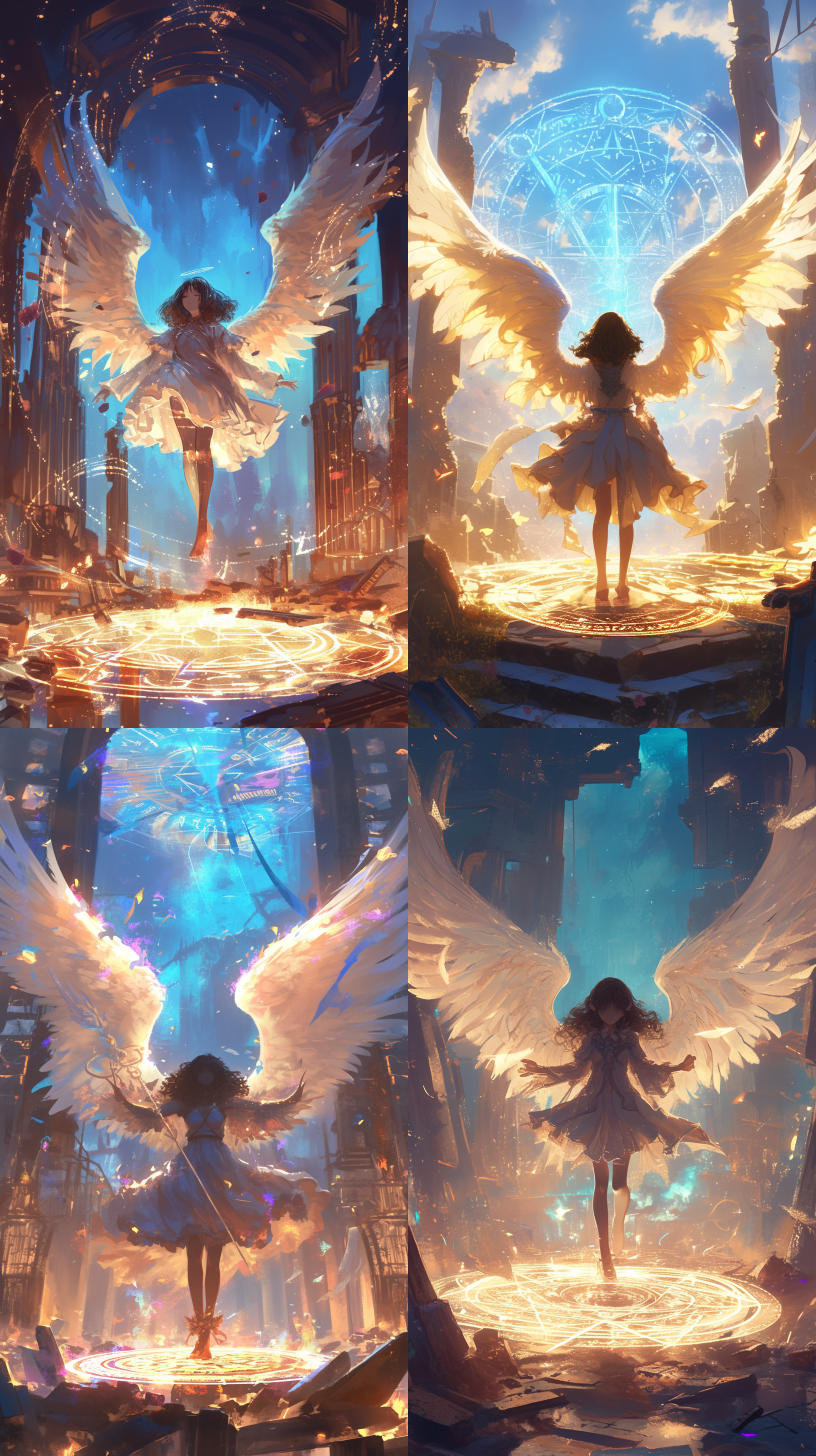 六翼天使在废墟中面对着黑卷发的小女孩，天使释放着祝福的魔法，周围发出神圣的魔法金光，小女孩脚下浮现一个美丽的魔法阵，魔法符号悬浮，能量展现，绚丽，神圣，希望