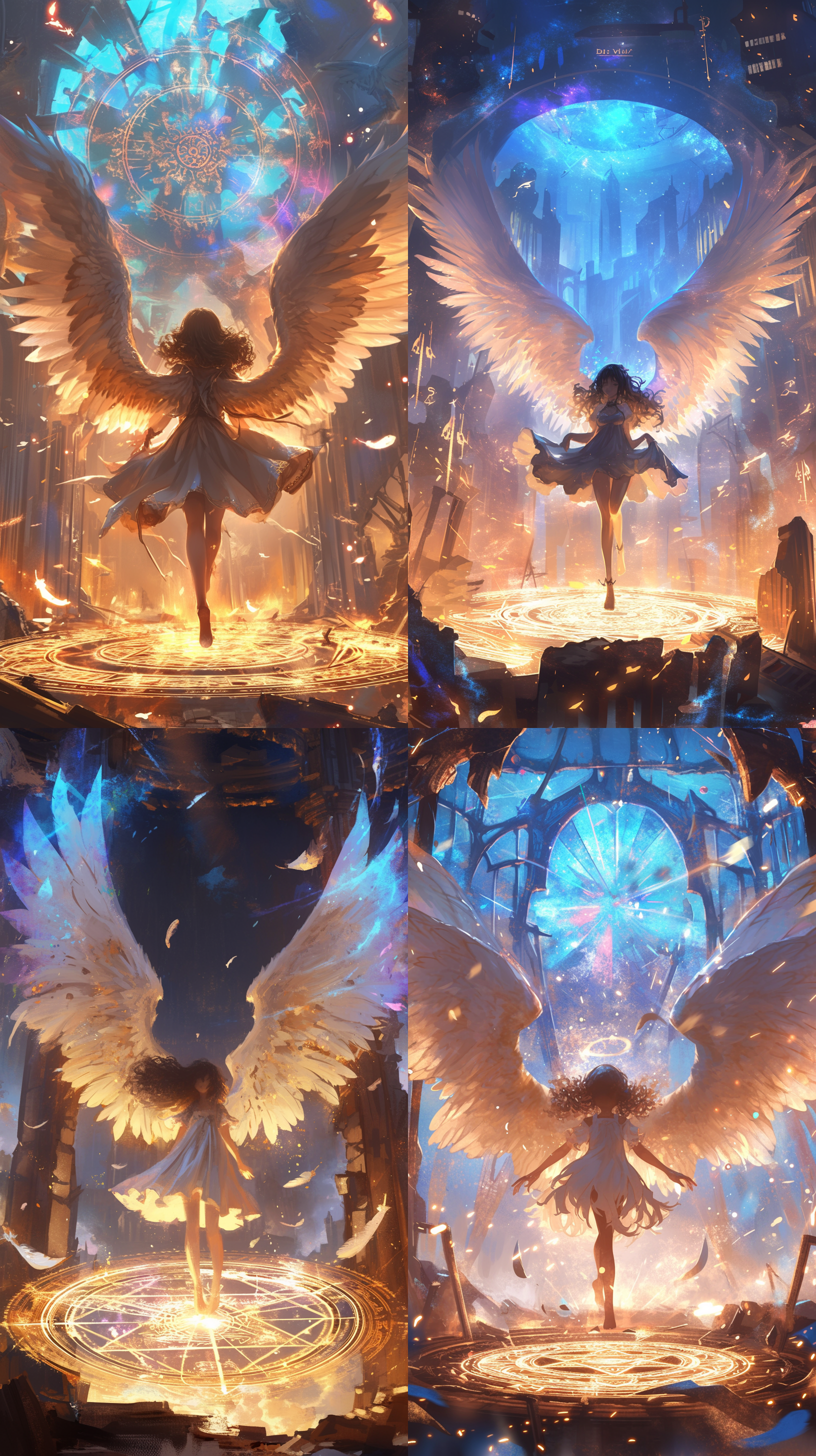 六翼天使在废墟中面对着黑卷发的小女孩，天使释放着祝福的魔法，周围发出神圣的魔法金光，小女孩脚下浮现一个美丽的魔法阵，魔法符号悬浮，能量展现，绚丽，神圣，希望