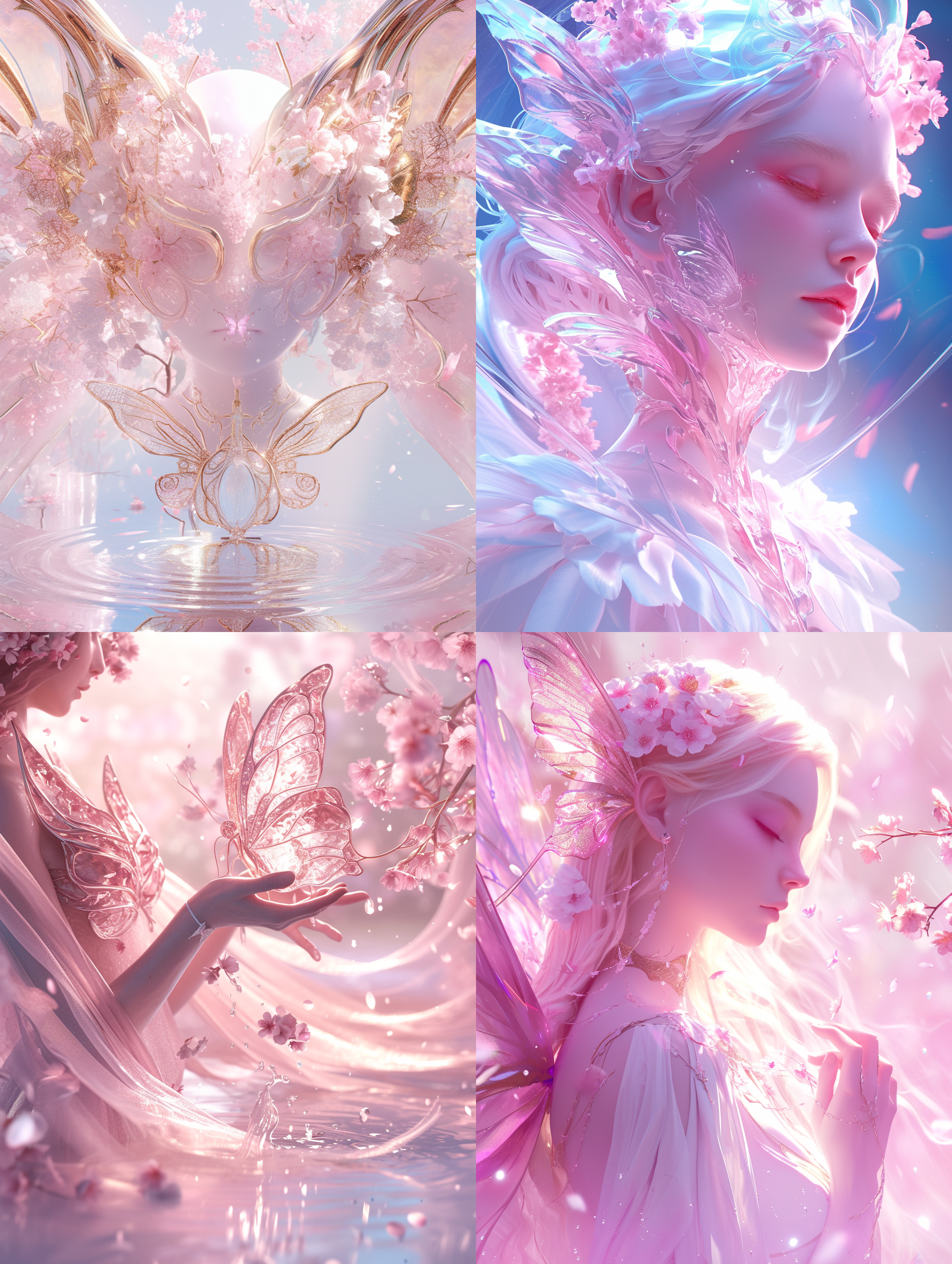 圣光蝴蝶天使少女，蝴蝶翅膀，胸部特写（mcu），洛可可风格，粉色调，浅白和淡红色，美得令人难以置信，樱花，闪闪发光的水面倒影，联合，流动，超现实，画作，空灵，elsa bleda，库存照片，融合真实和幻想元素，vray追踪，复杂图案，细腻线条，由水晶制成。