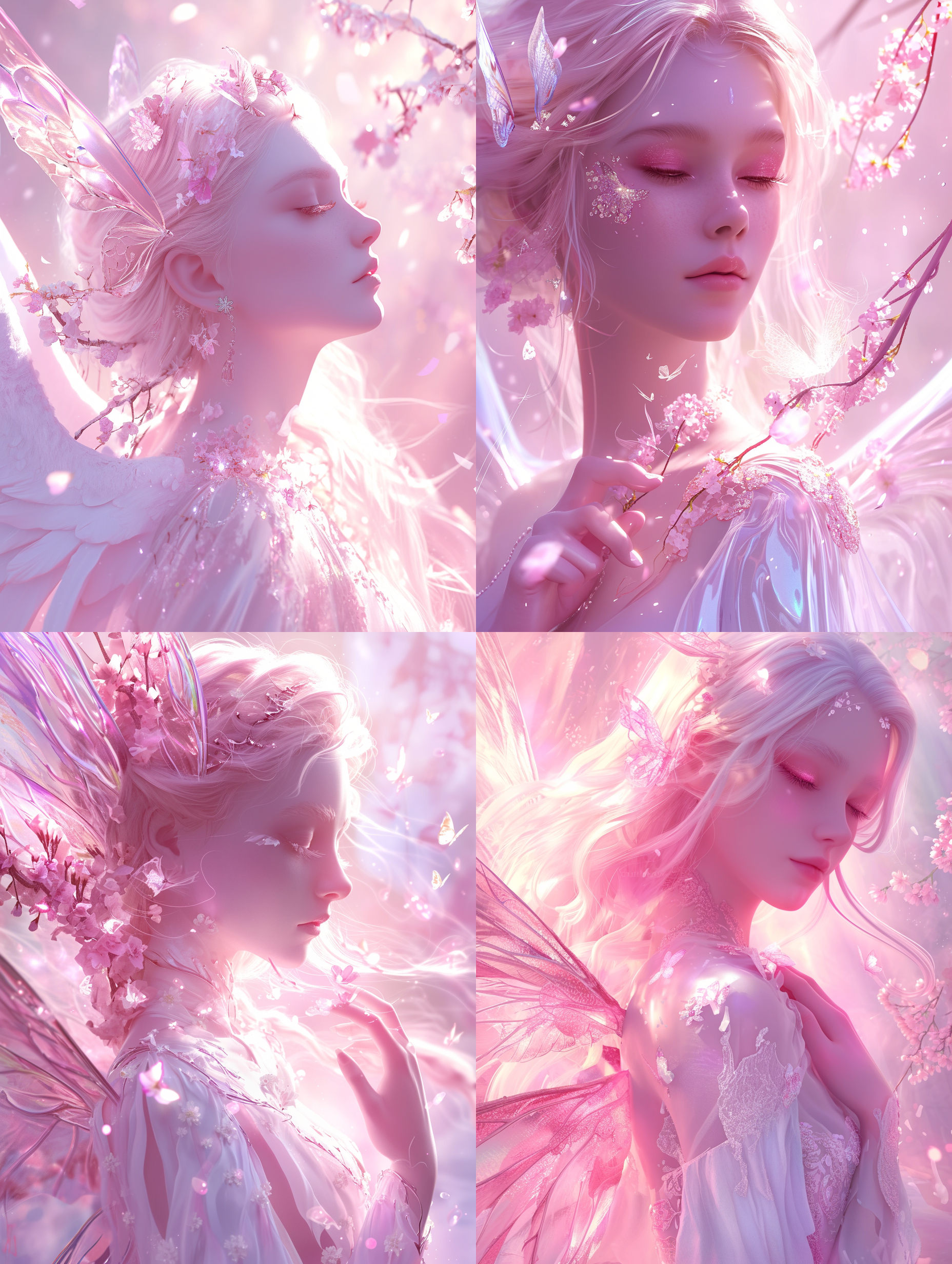 圣光蝴蝶天使少女，蝴蝶翅膀，胸部特写（mcu），洛可可风格，粉色调，浅白和淡红色，美得令人难以置信，樱花，闪闪发光的水面倒影，联合，流动，超现实，画作，空灵，elsa bleda，库存照片，融合真实和幻想元素，vray追踪，复杂图案，细腻线条，由水晶制成。