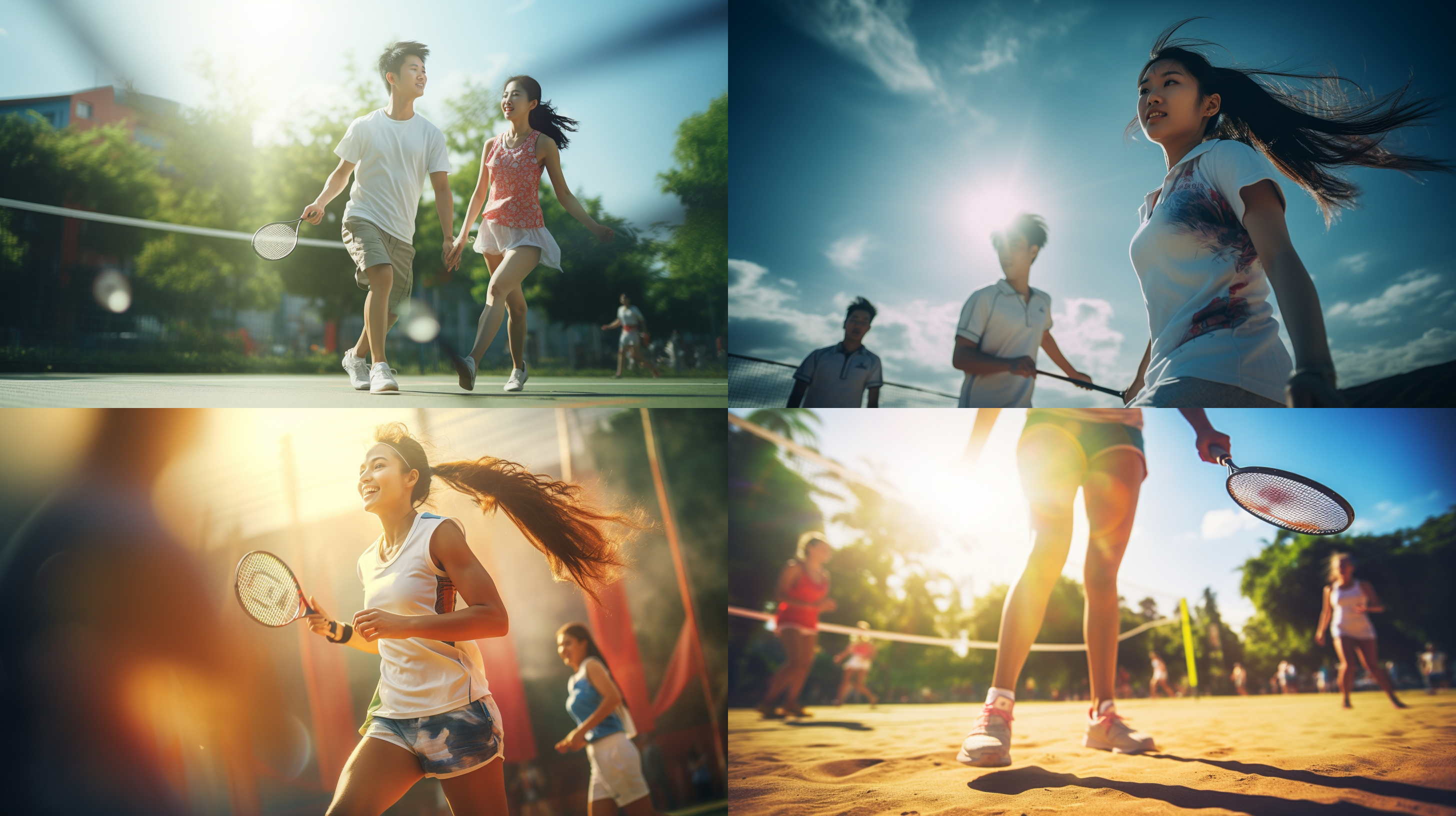 男女打羽毛球，室外运动场，正面拍摄，动作流畅，高速快门，羽毛球拍，网球场，阳光照射，汗水飞溅，专注，活力四溢。