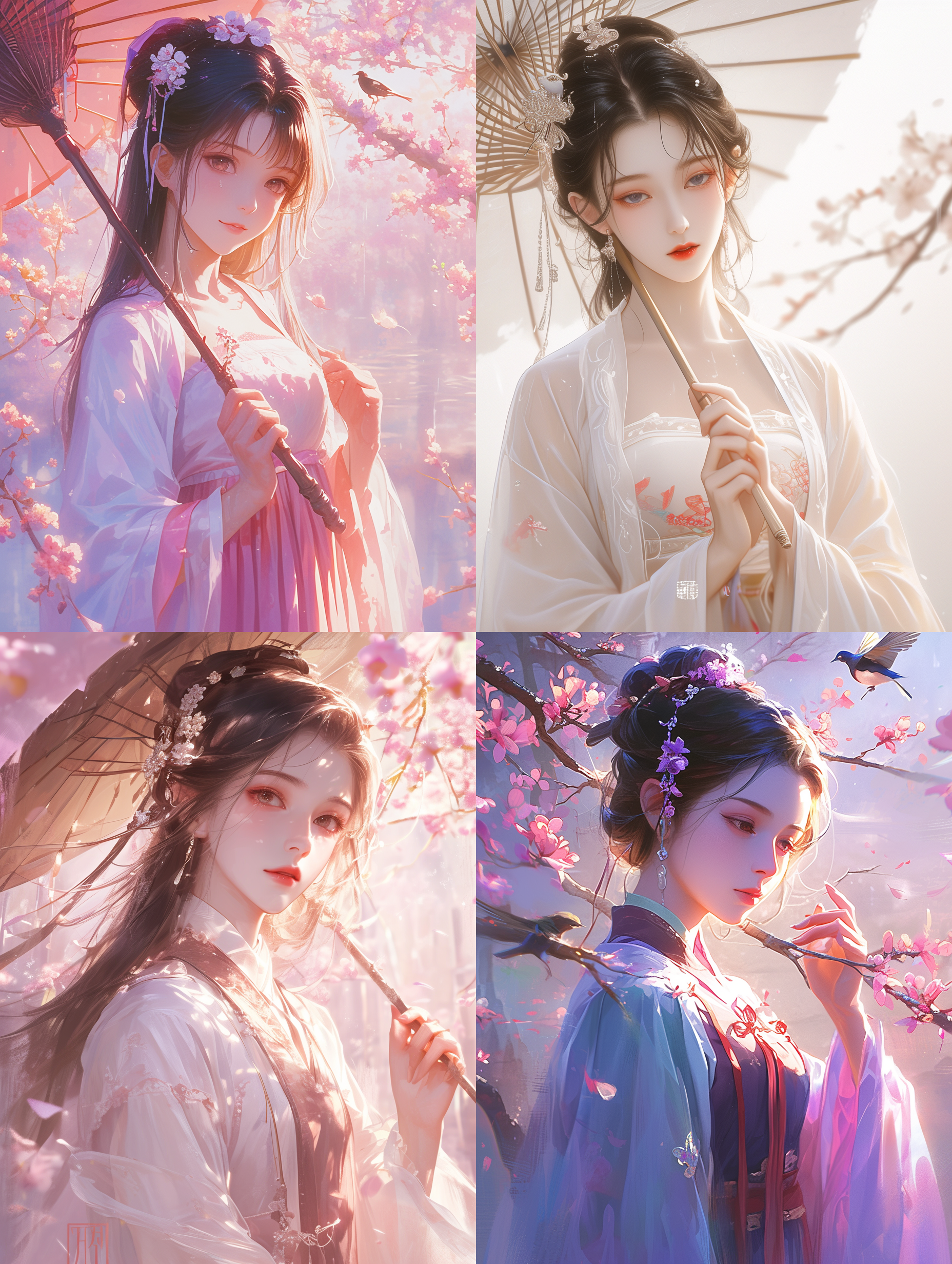 汉服女孩，春雨细腻，润泽大地，叶片舞动，花朵盛开，江南水乡，雨丝如诗，柳垂莺啼，城市街头，湿润光泽，春雨洗净，清新呼吸，柔和色调，中焦镜头，自然光，优美动作，宁静欣喜。