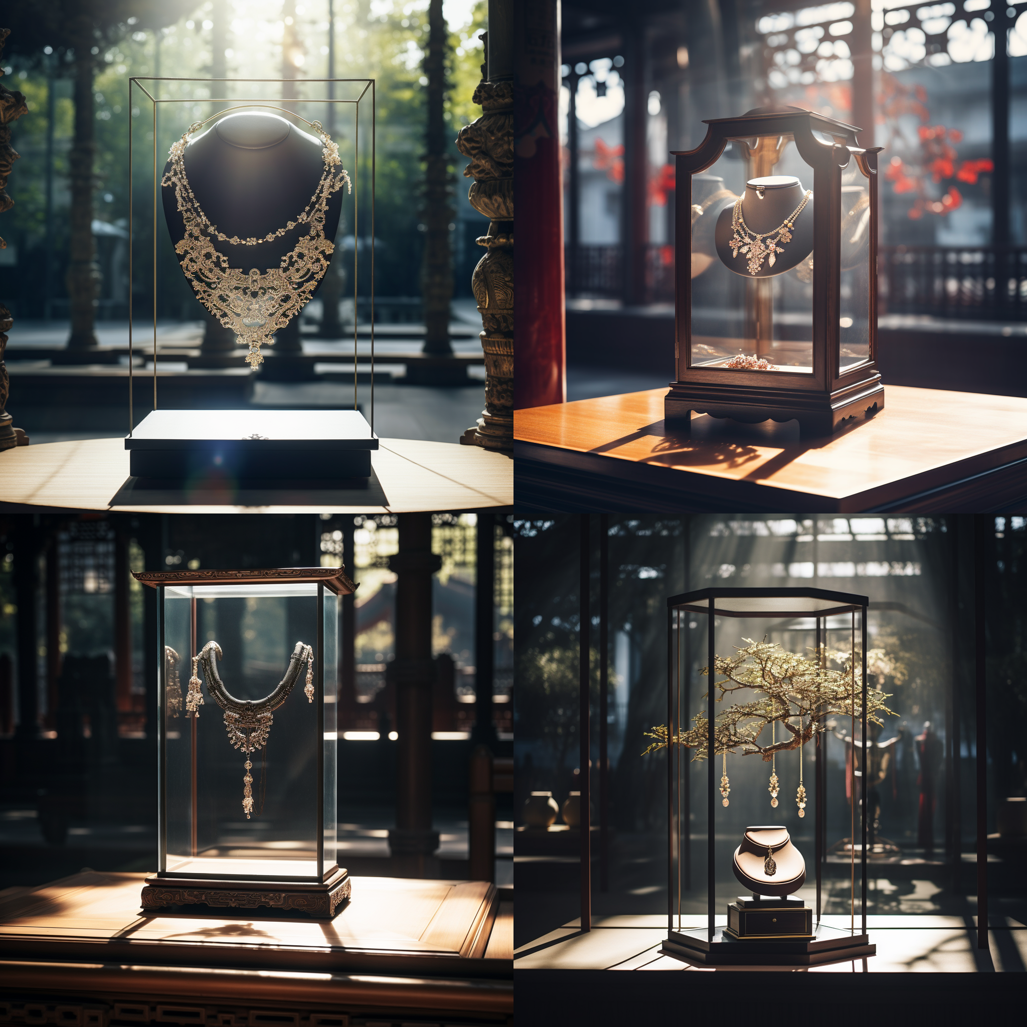空空的项链展示台，高端大气上档次的国风背景，透过玻璃窗户射入的柔和阳光，展示台上闪烁的光影，镜头聚焦于台子前的虚空，给人一种神秘又典雅的感觉。国风，高端，光影，空旷，柔和阳光，神秘，典雅，展示台