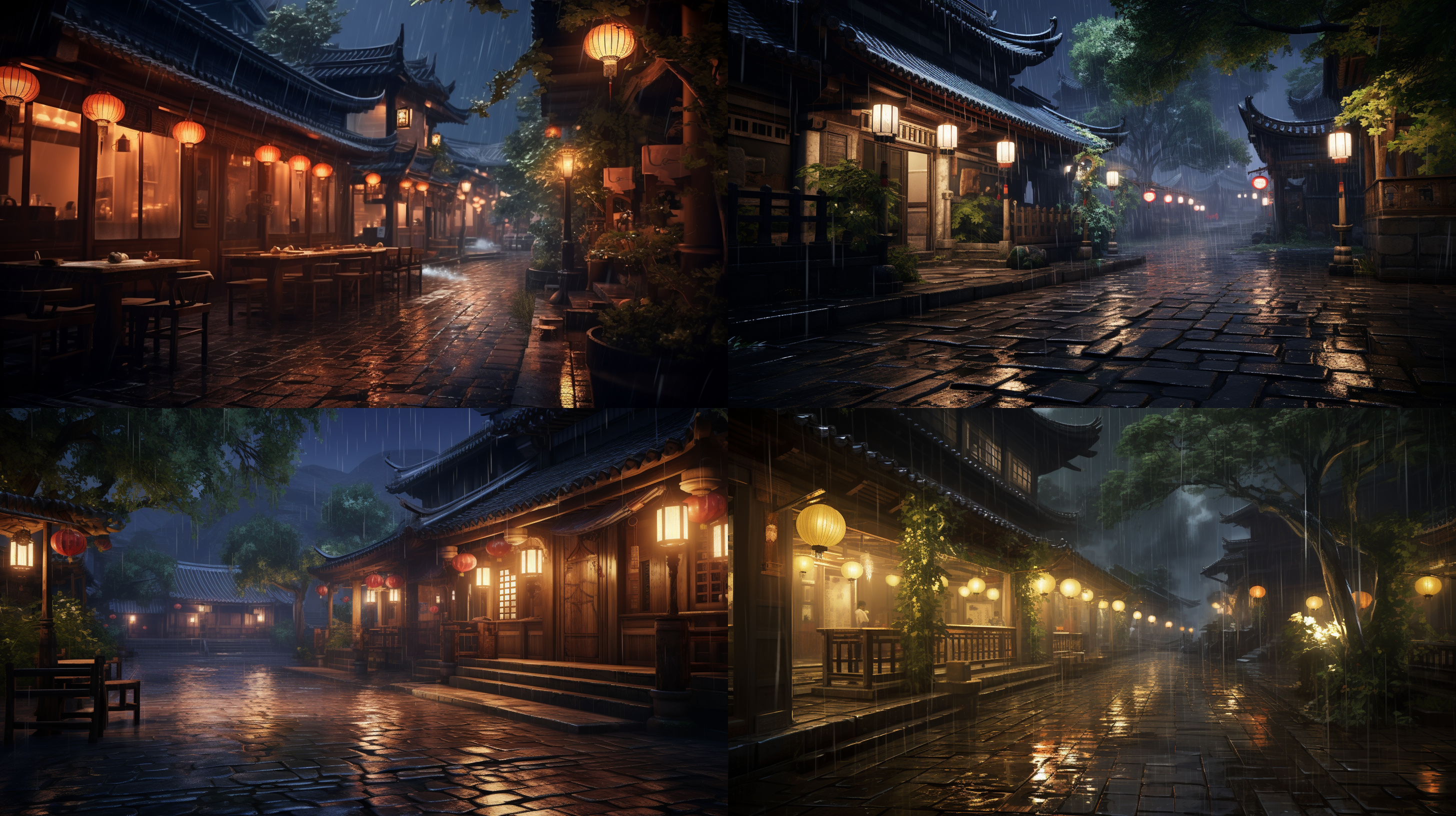 雨夜江南庭院，写实动漫风格，微弱灯光照亮，4k分辨率，广角镜头，细节丰富，静态人物，暖色调，神秘氛围，静谧安逸。