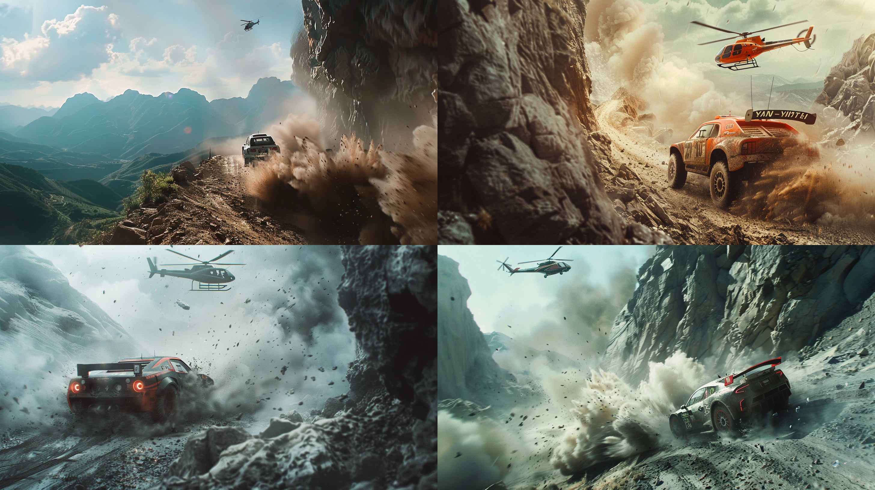 rc拉力赛，赛车手，悬崖边，车后面有直升机在上方，烟尘，夸张，拖尾烟尘，拉力赛，盘山路，动作冲劲，紧张，高速，电影感，超广角镜头，快门速度，极限运动，赛车上有姚雨霁名字