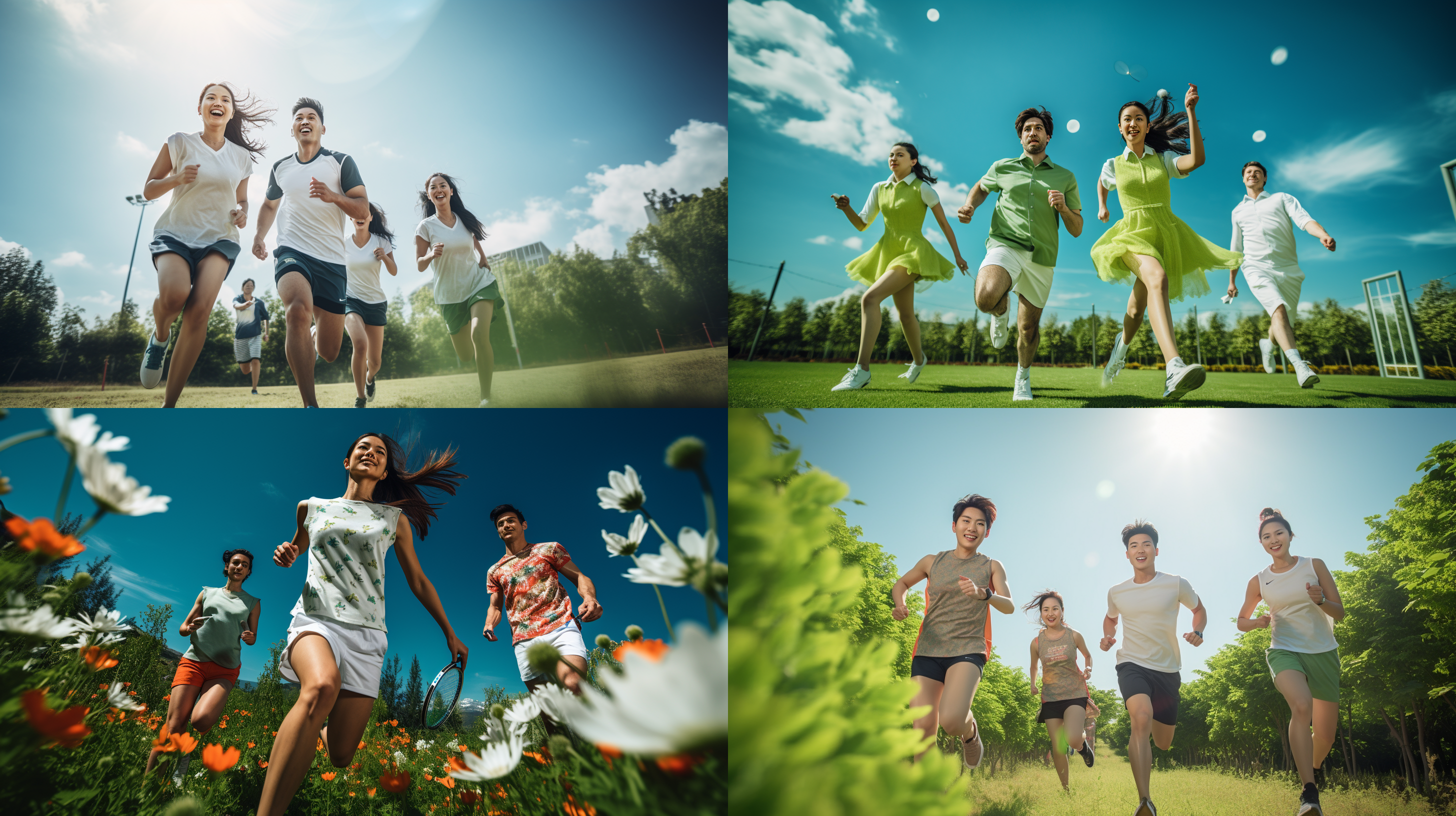 四人羽毛球，户外场地，高清晰度，全身拍摄，运动服装，动感表情，阳光下，翠绿草坪, 人像摄影, 运动摄影, 阳光照射, 欢快活泼, 绿色调, 瞬间捕捉, 运动员风采。