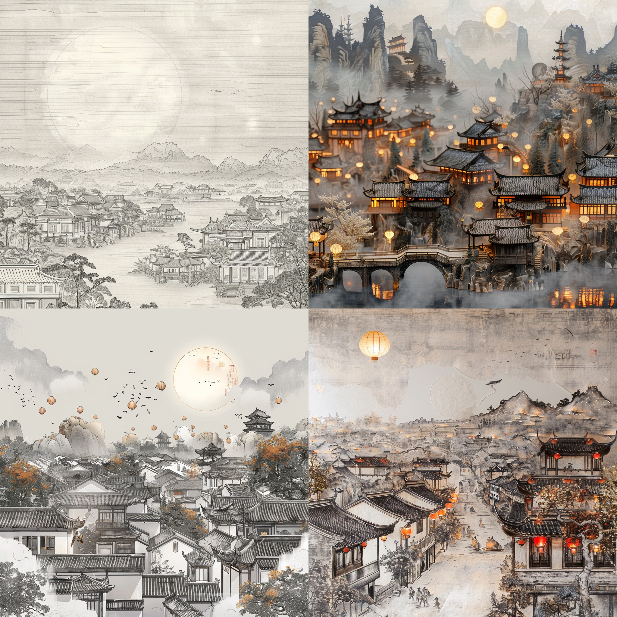 中国传统景观，淡灰色细线纹理，古旧纸张质地，宋代艺术，宣纸，元宵节，万家灯火，古代中国街道，热闹场面，夕阳西下，水墨插图，3:4比例。