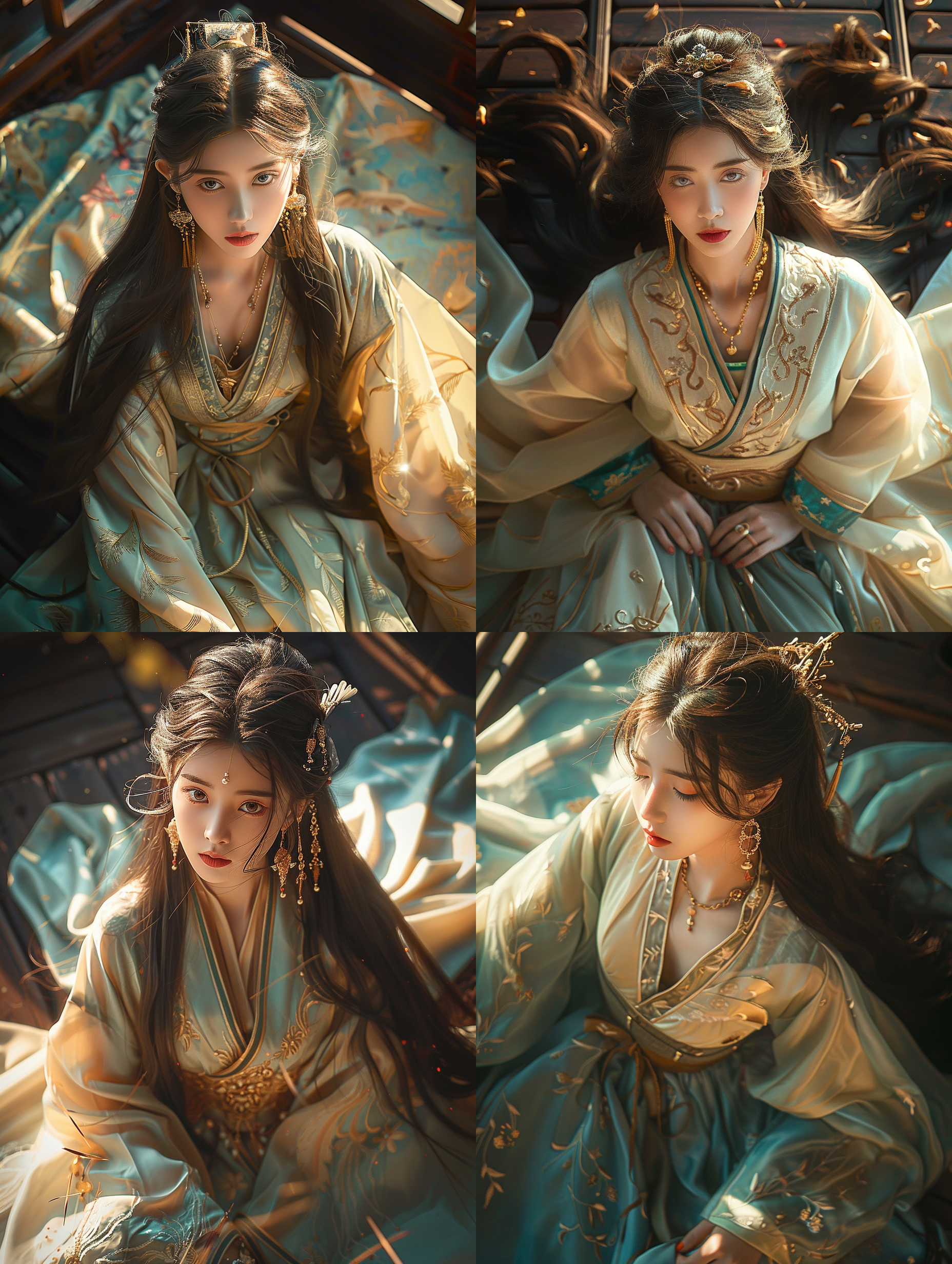 长发女孩，华丽汉服，独自一人，耳环项链戒指，俯视角度，木地板，红唇黑发棕发，宽袖，饰品众多，凝视远方，眼神空灵，鸟儿，细长发如瀑布。俯视，暖色调，高对比度，侧光，镜头广角，优雅动作，镜头特写，传统服饰，金色首饰，沉静内敛。