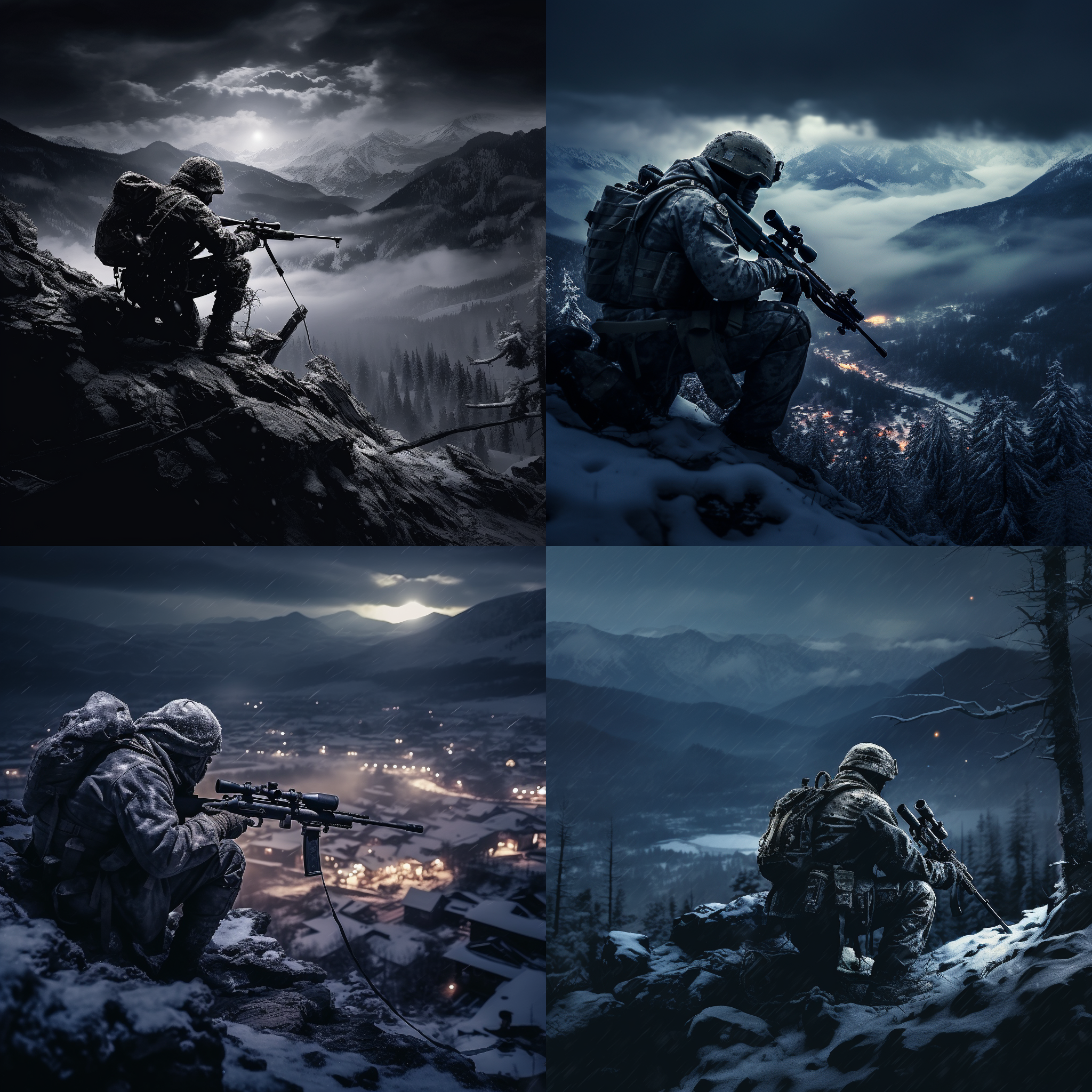 雪山狙击，夜色朦胧，缆车上开枪，二战士兵服装，钢盔，探照灯巡逻，高反差，狙击步枪，紧张刺激，寒冷冬天，隐约人影，极限环境。