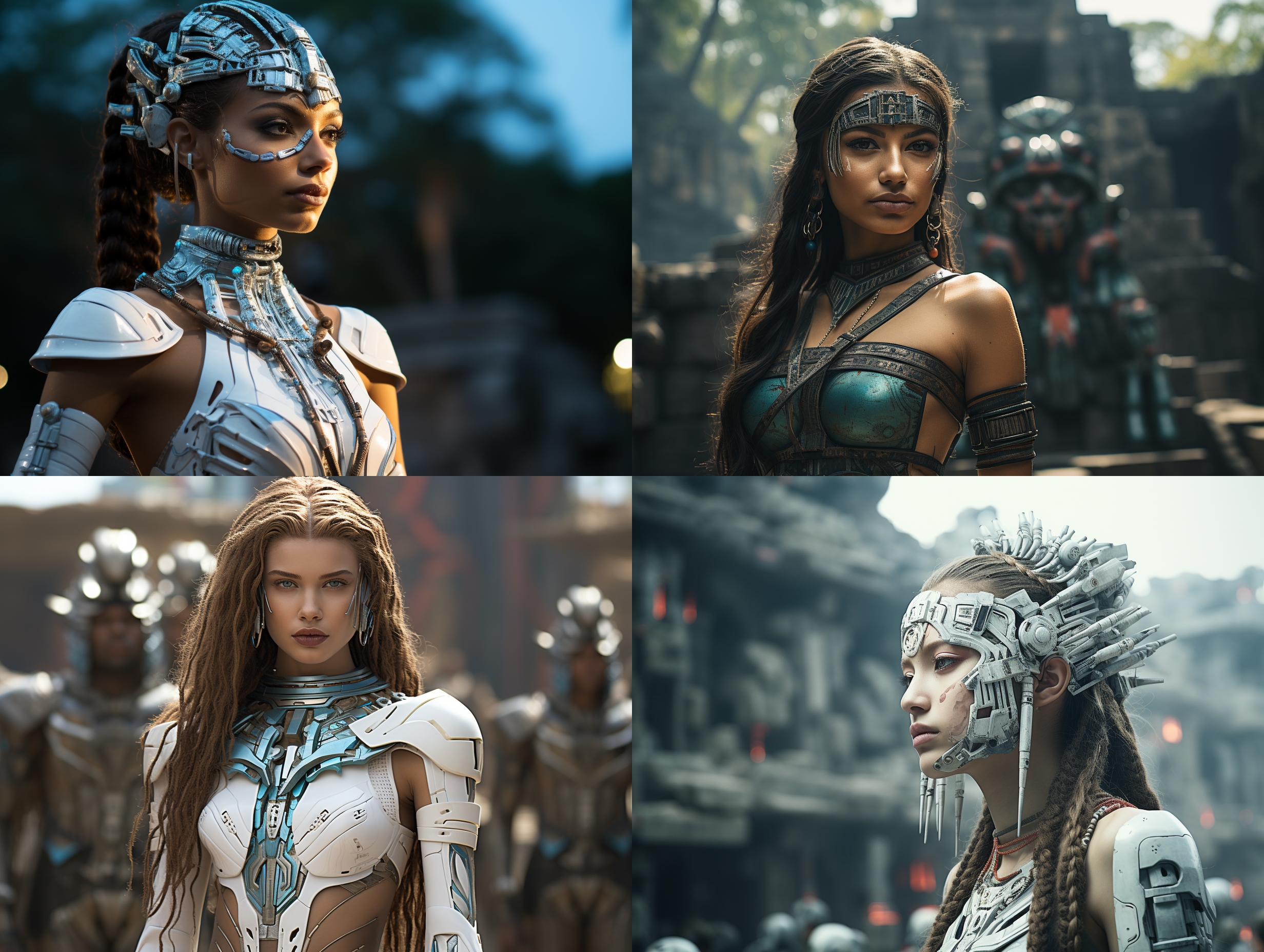 美国白人18岁女孩，身着印第安风格未来金属机甲，在玛雅金字塔前摆姿势。cg风格，科幻颜色，c4d渲染，创意设计，动态姿势，led灯光，视觉冲击，神秘氛围，科幻电影效果，神秘色彩，高饱和度，广角镜头，侧光，动感姿势，未来主义。