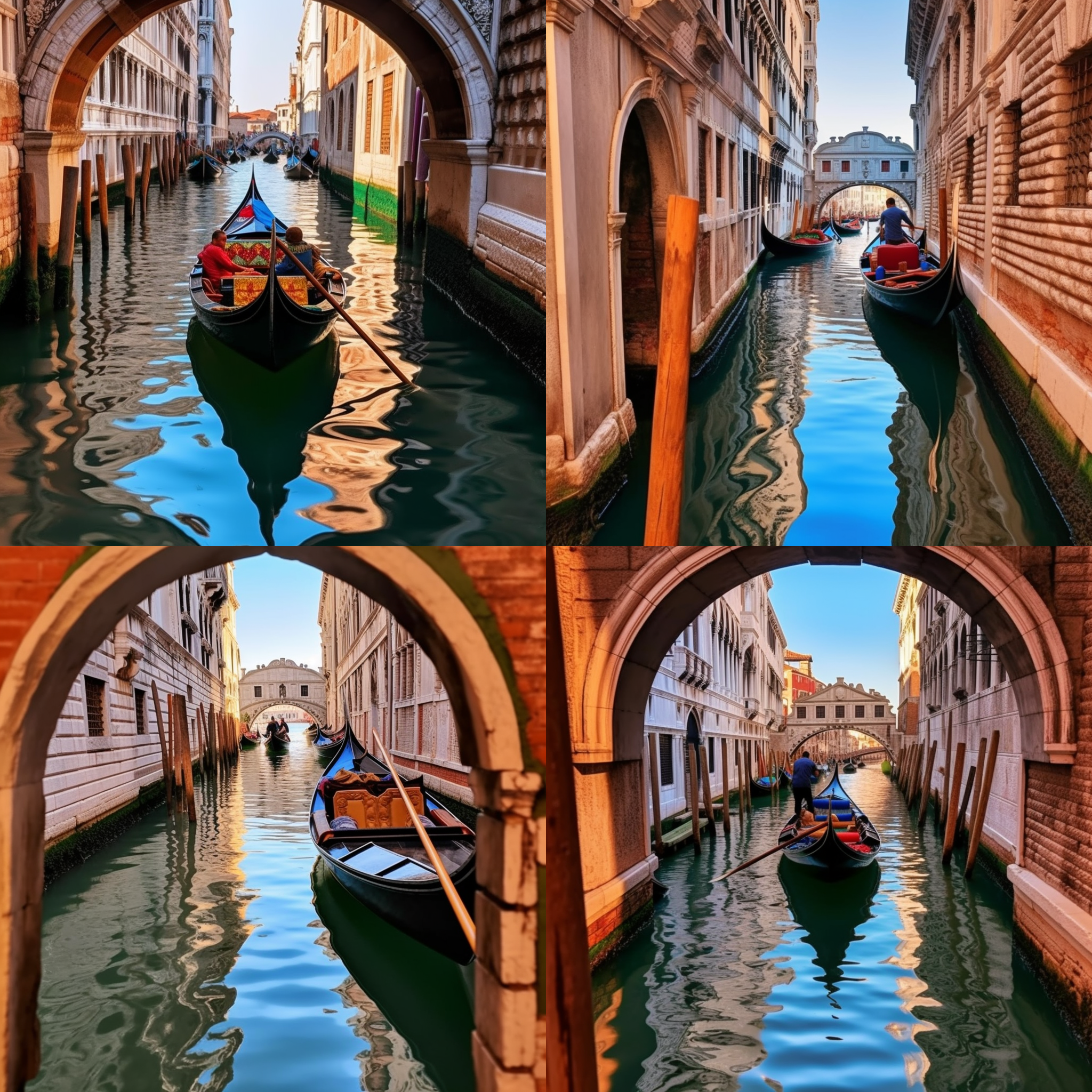 彩色手摇小木游船在狭窄的运河上穿行，古老建筑倒映在水面上，16:9构图，日落光影投射在船身上，中焦镜头捕捉到细节，暖色调营造浪漫氛围，水手彩服装，划着 ,手摇,小木游船,狭窄运河,古老建筑,16:9构图,日落光影,中焦镜头,暖色调,水手服装,划船