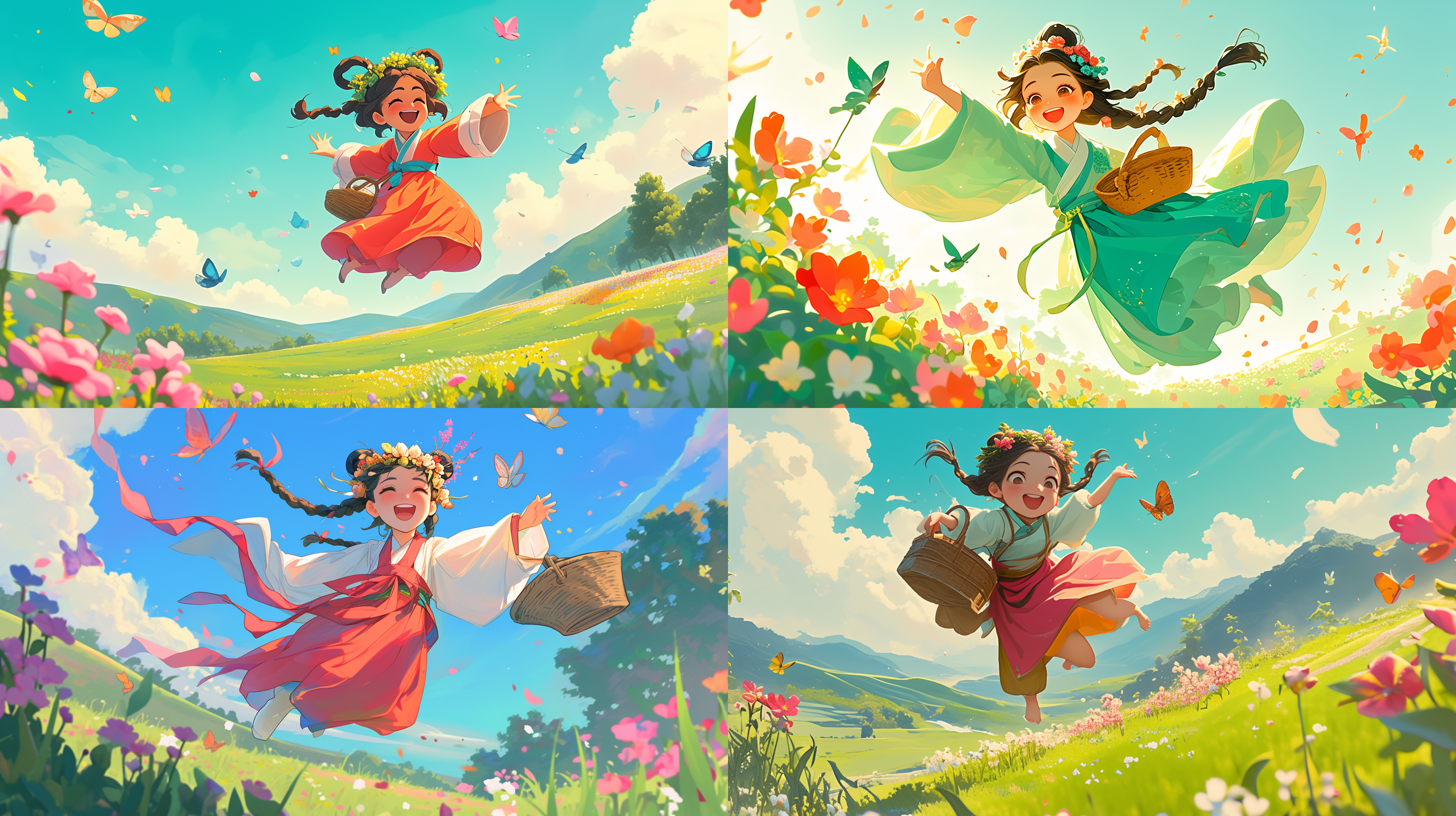 小女孩穿着传统的中国汉服，头戴花环，手里拿着一个竹篮。她正在欢快地跳跃在绿色的田园中，周围有鲜花和翻飞的蝴蝶。画面采用明亮的色调，线条简单而清晰，呈现出一种温馨、快乐的氛围。田园风插画，明亮色调，简洁线条，快乐，童真，自然。