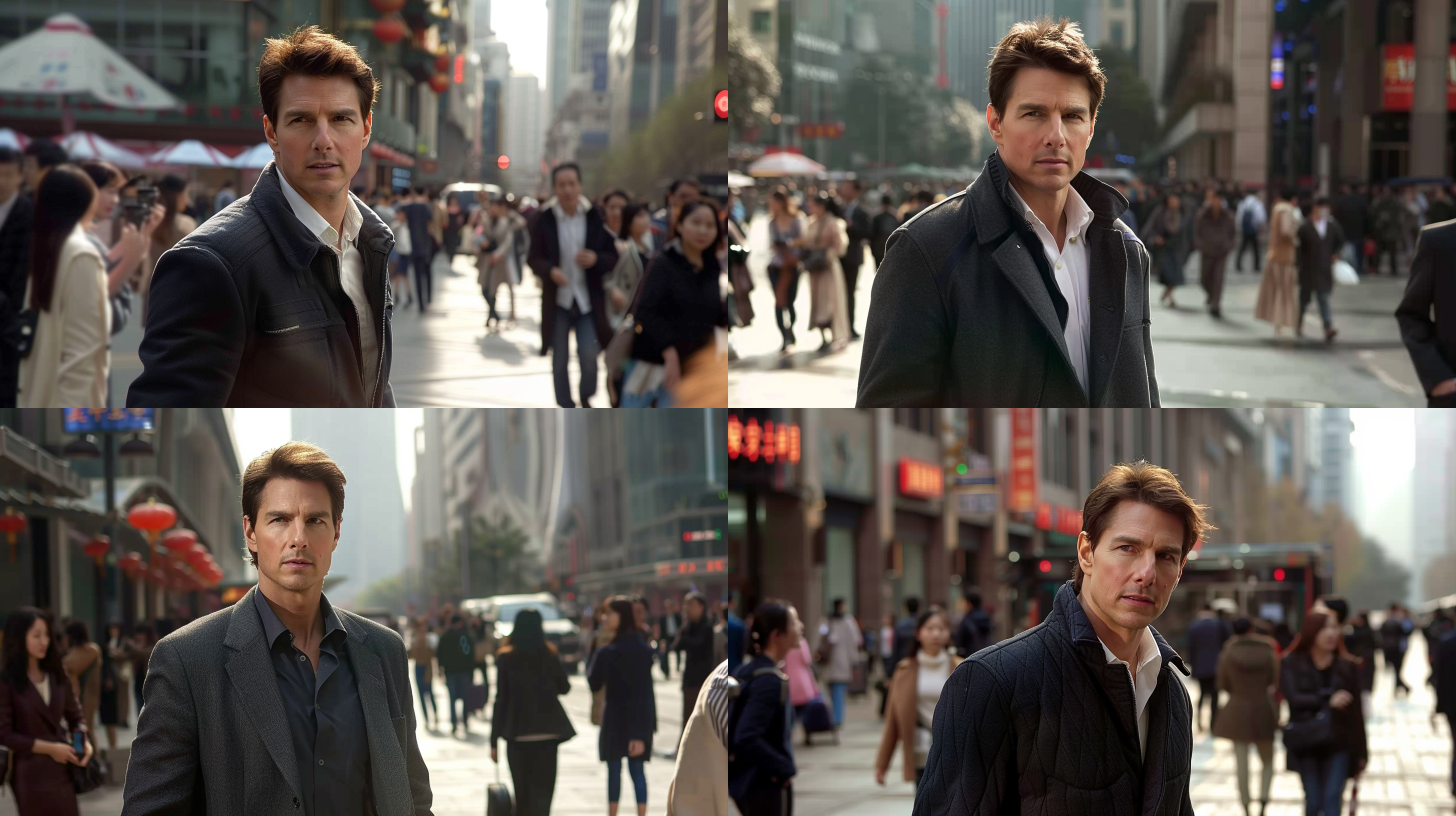 汤姆克鲁斯 28岁 来到中国成都太古里的大街上 天气晴朗 路上都是中国美女 他不停和中国美女打招呼 全景 有太阳光