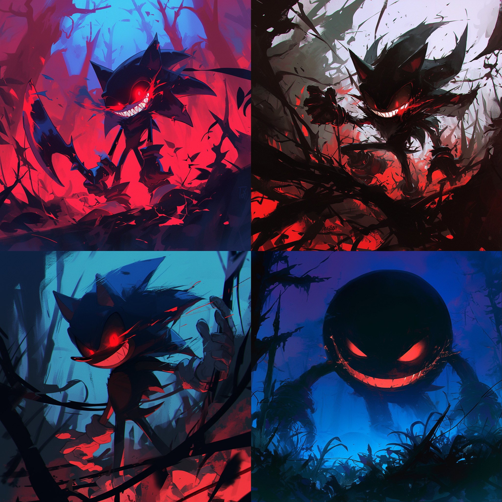 sonic.exe, a terrifying digital entity, stands in a dark, desolate forest. his sinister smile and glowing red eyes pierce through the gloom. the composition features a low angle shot, emphasizing his dominance. the image is stylized with high contrast and intense colors, creating an eerie atmosphere. keywords: horror, dark, forest, low angle, sinister, glowing, stylized, high contrast, intense colors, eerie.