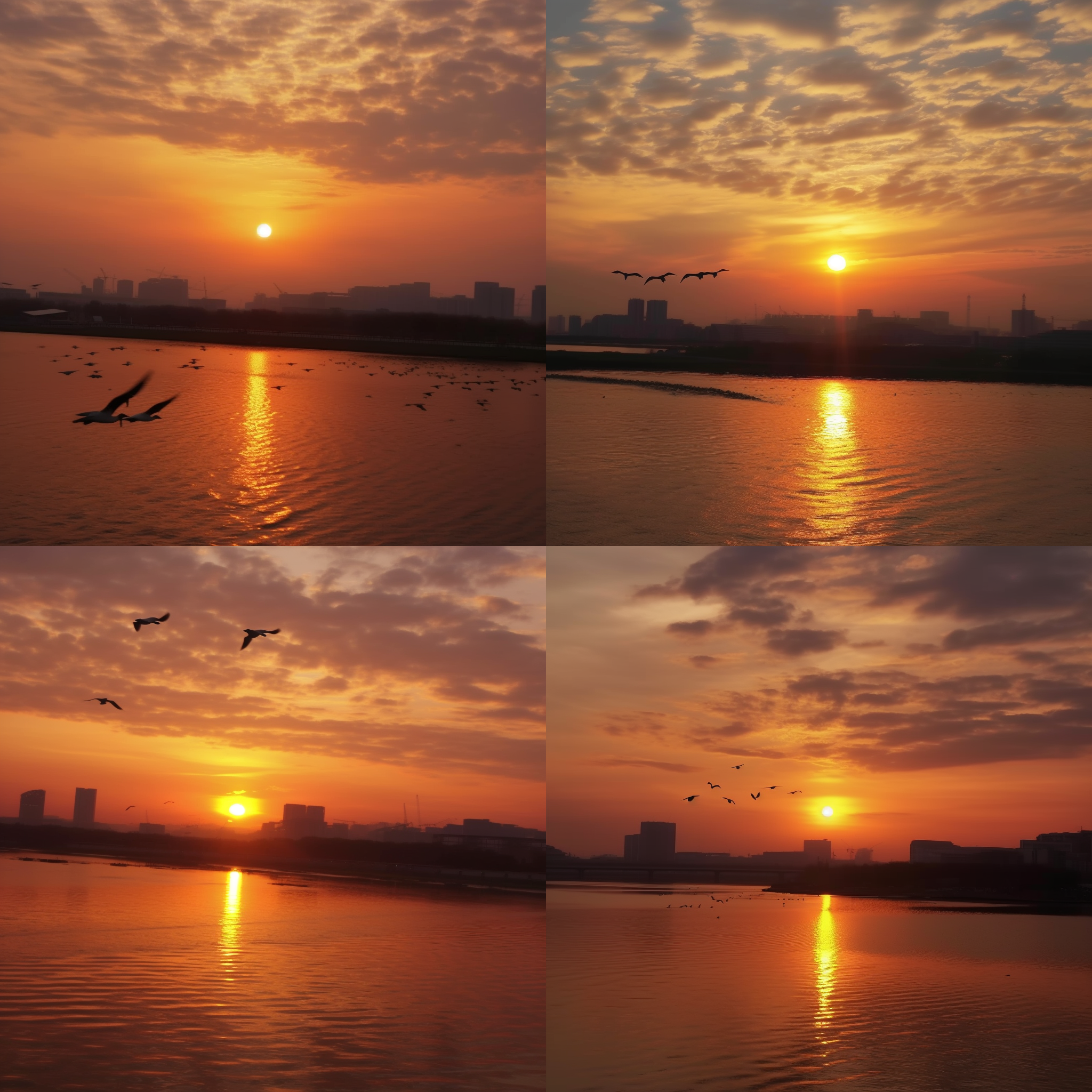 落日斜辉，大雁和飞机共舞。大雁在空中形成v字队形，飞机划过天际线。构图对角线布局，使用广角镜头捕捉广阔的天空和地平线。光线柔和，呈现温暖色调。大雁和飞机动作流畅，展示力量与自由。