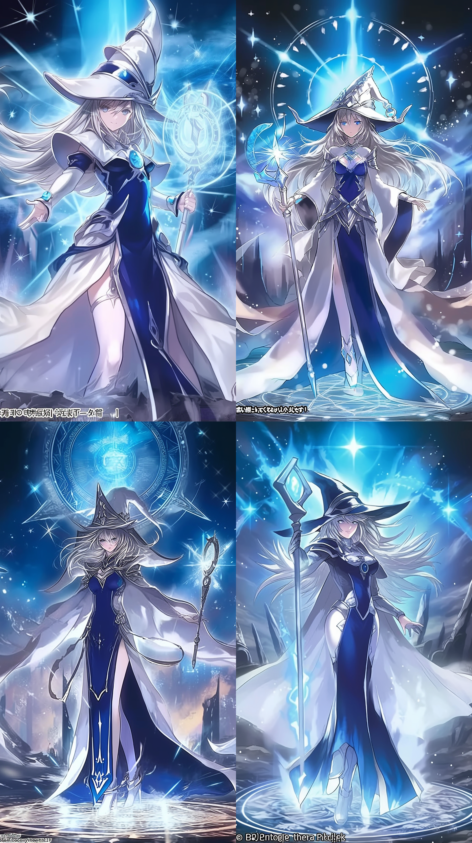 一位白发女性魔法使，身穿蓝白色相间的法袍，头戴白色法师帽，瞳孔散发蓝色光芒，地上出现五角芒星的古老魔法阵，周围散发洁白的魔法光芒，魔法符号悬浮，能量展现，神圣感