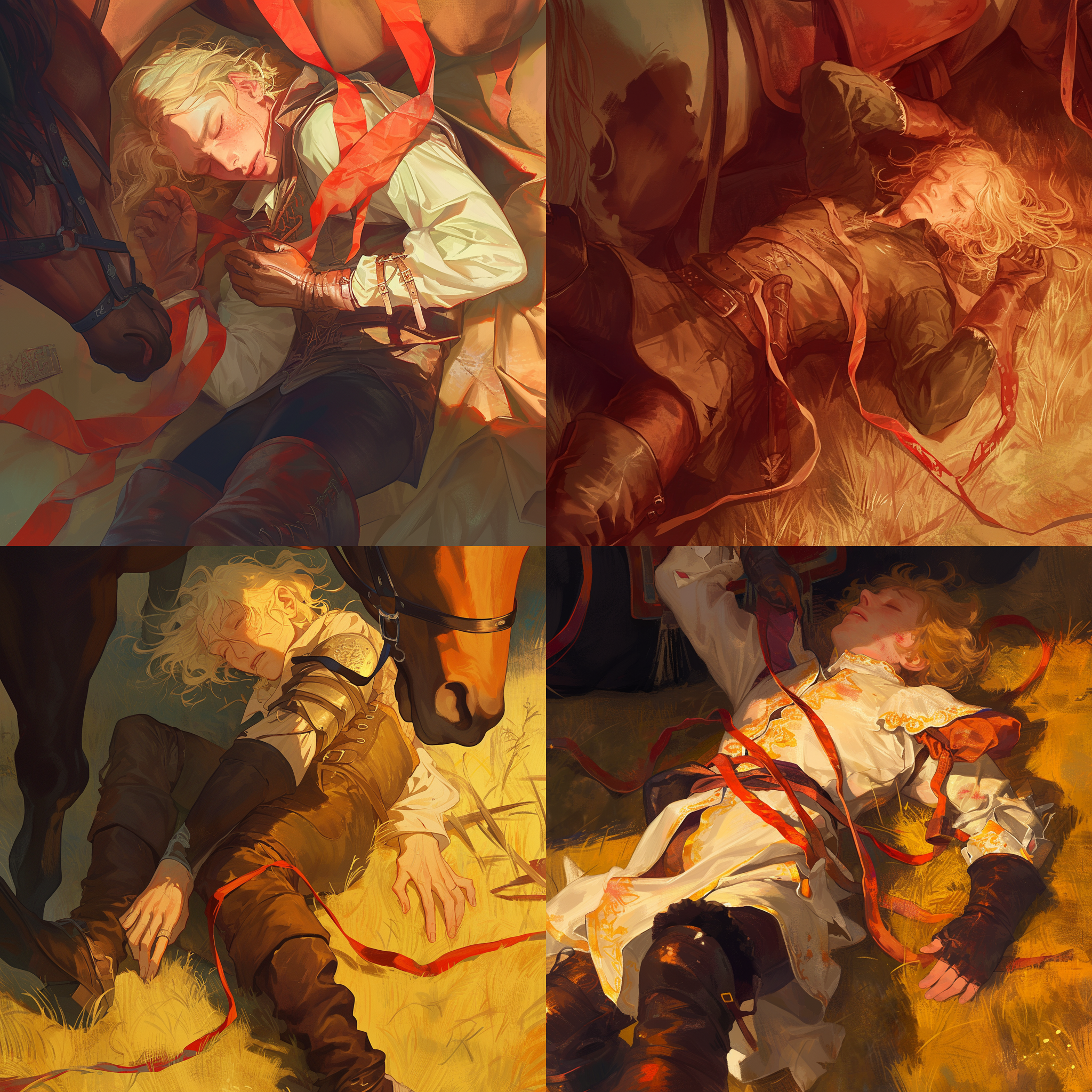 脚穿过膝长靴戴皮革手套的金发贵族少年受伤坠马，一只脚悬挂在马鞍上，脖子上紧紧勒着一条长长的打结的红色丝带，昏迷，闭眼，表情痛苦，俯视视角，暖色调，长焦镜头，动作定格，光影交错，马靴特写