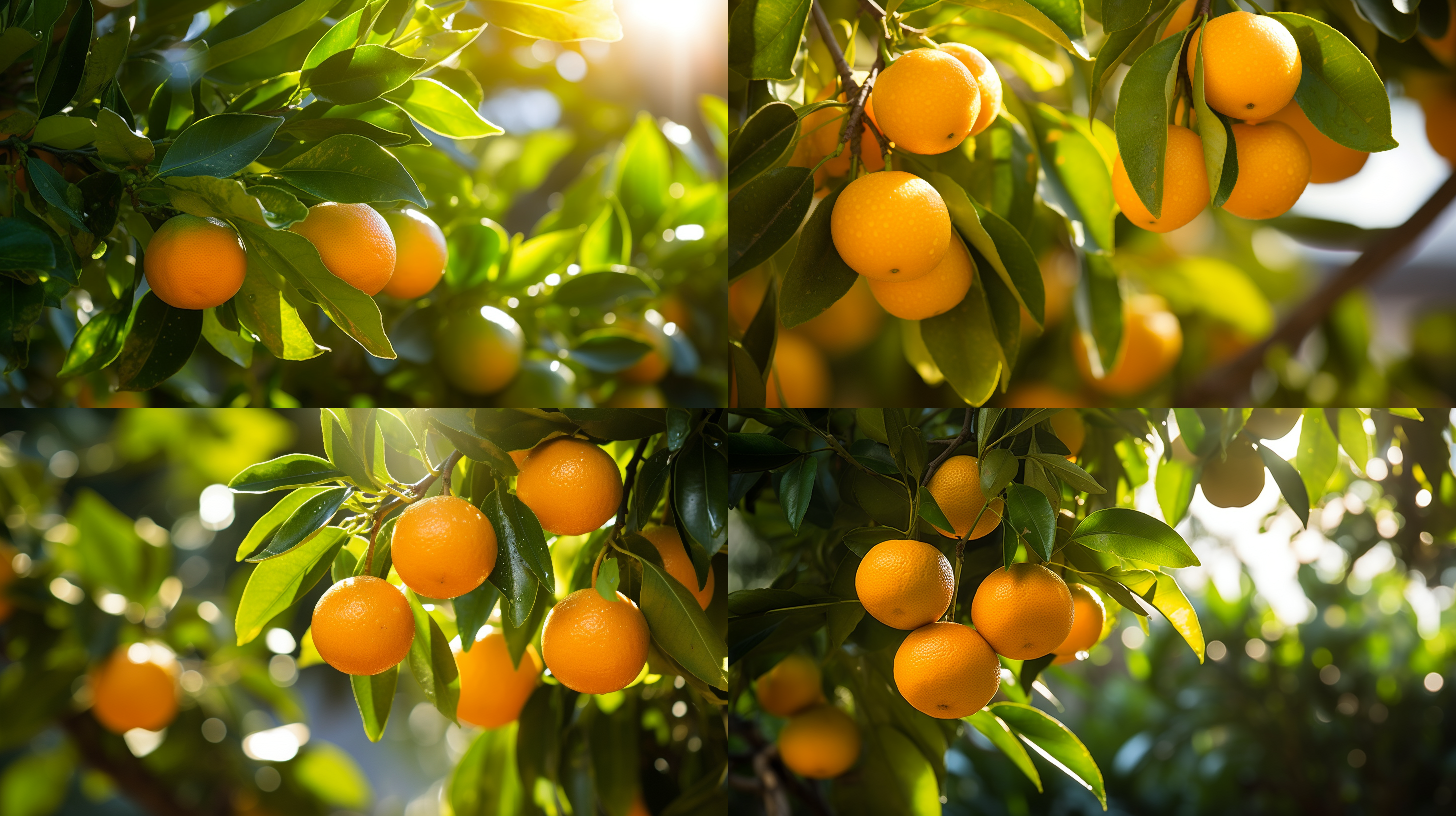 金桔树下，阳光透过浓密叶片洒落在果实上，形成明暗对比。青翠橙黄交错的颜色，展现生机勃勃的场景。细节清晰，微距拍摄，果实饱满圆润，散发出清新芳香。果实表面微微泛光，增添光泽感。