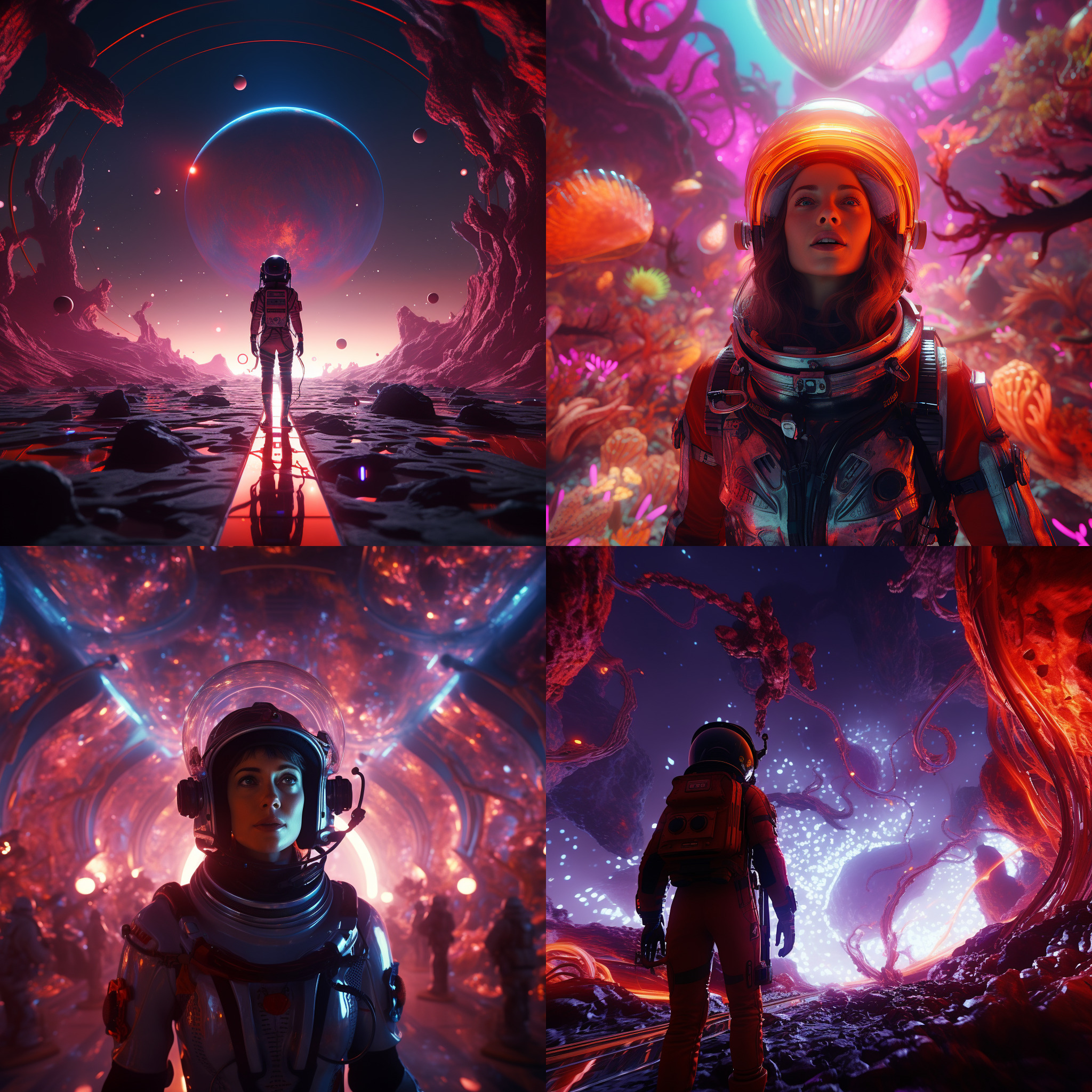 女宇航员漫步奇幻星球，in love,death&robots，迷幻色彩，外星环境，如同梦境，超广角，逆光，行走，未知，兴奋。