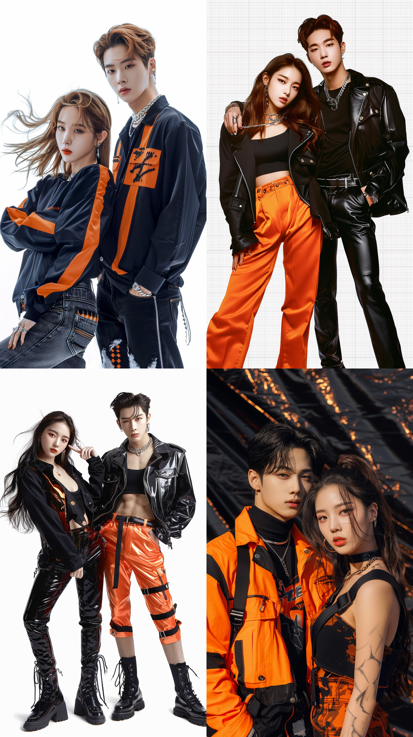 男女明星，k-pop风格，黑橙搭配，正面拍摄，五官精致，肌肉线条，全身构图，背景透明，冲击力强，色彩艳丽，真实质感。高清晰度，闪光灯，室内拍摄，长焦镜头，动态姿势，表演性强，活力四射。