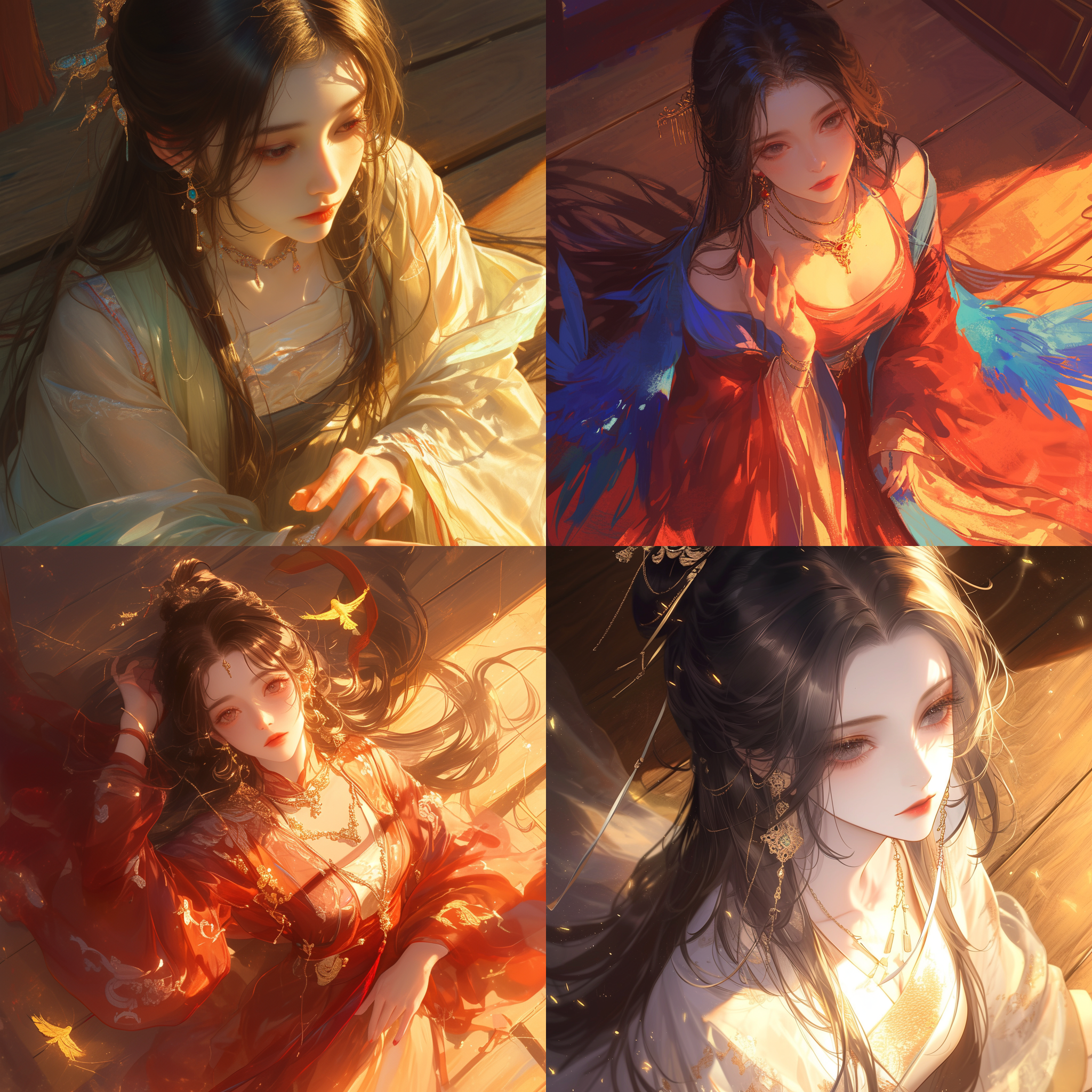 长发女孩，华丽汉服，独自一人，耳环项链戒指，俯视角度，木地板，红唇黑发棕发，宽袖，饰品众多，凝视远方，眼神空灵，鸟儿，细长发如瀑布。俯视，暖色调，高对比度，侧光，镜头广角，优雅动作，镜头特写，传统服饰，金色首饰，沉静内敛。