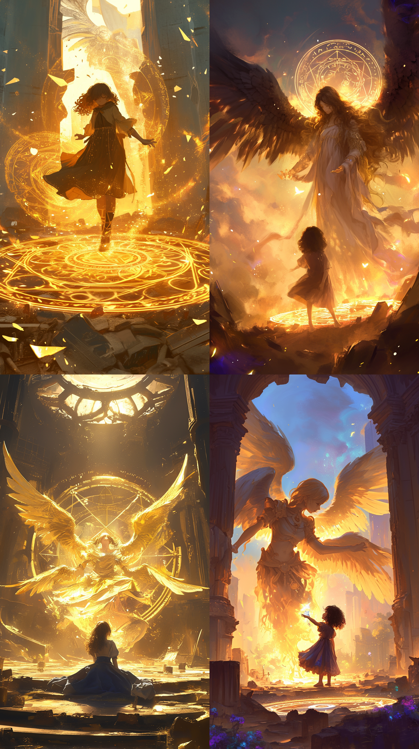 六翼女天使在废墟中面对着黑卷发的小女孩，天使对小女孩释放着祝福的魔法，周围发出神圣的魔法金光，小女孩脚下浮现一个美丽的魔法阵，魔法符号悬浮，能量展现，绚丽，神圣，希望