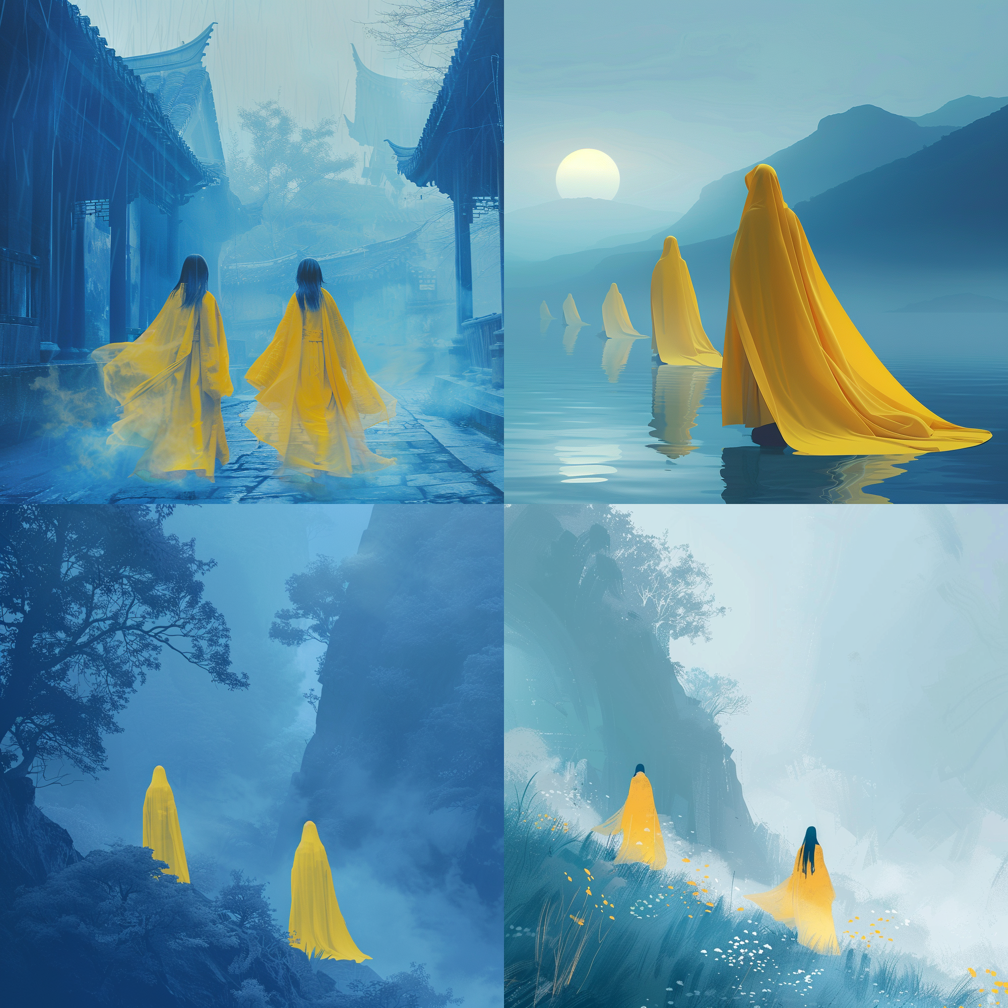 女人穿黄色长披风，雾中行走，日本简约风格，童趣插图，精致风景，青蓝色调，8k分辨率，细节丰富，意境深远。