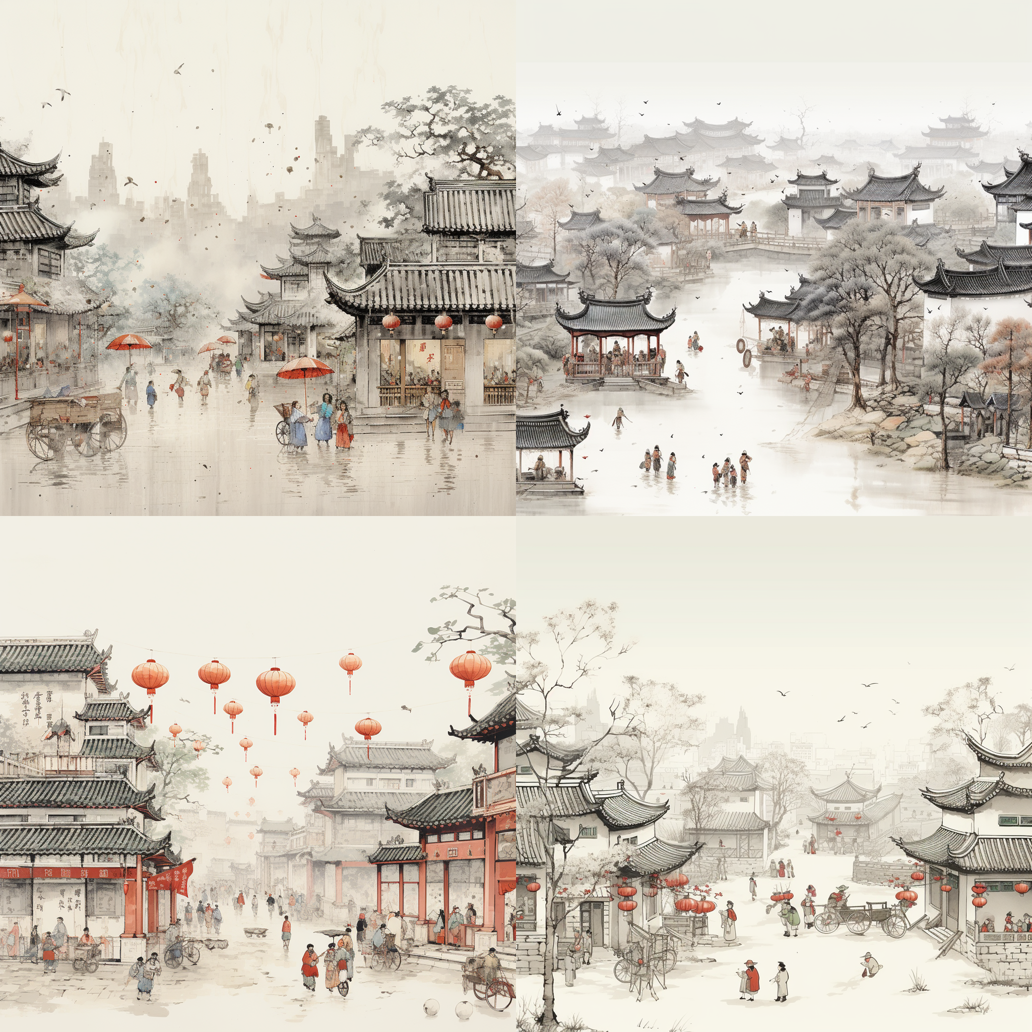 中国传统风景，白色背景，浅灰色细线纹理，古旧纸质感，具有中国艺术特点，宋代，宣纸，中国传统节日春节，古代中国繁华街道，熙熙攘攘的人群，鞭炮，建筑门上挂着灯笼，烟花，古代中国城镇，墨水插图，3:4比例。