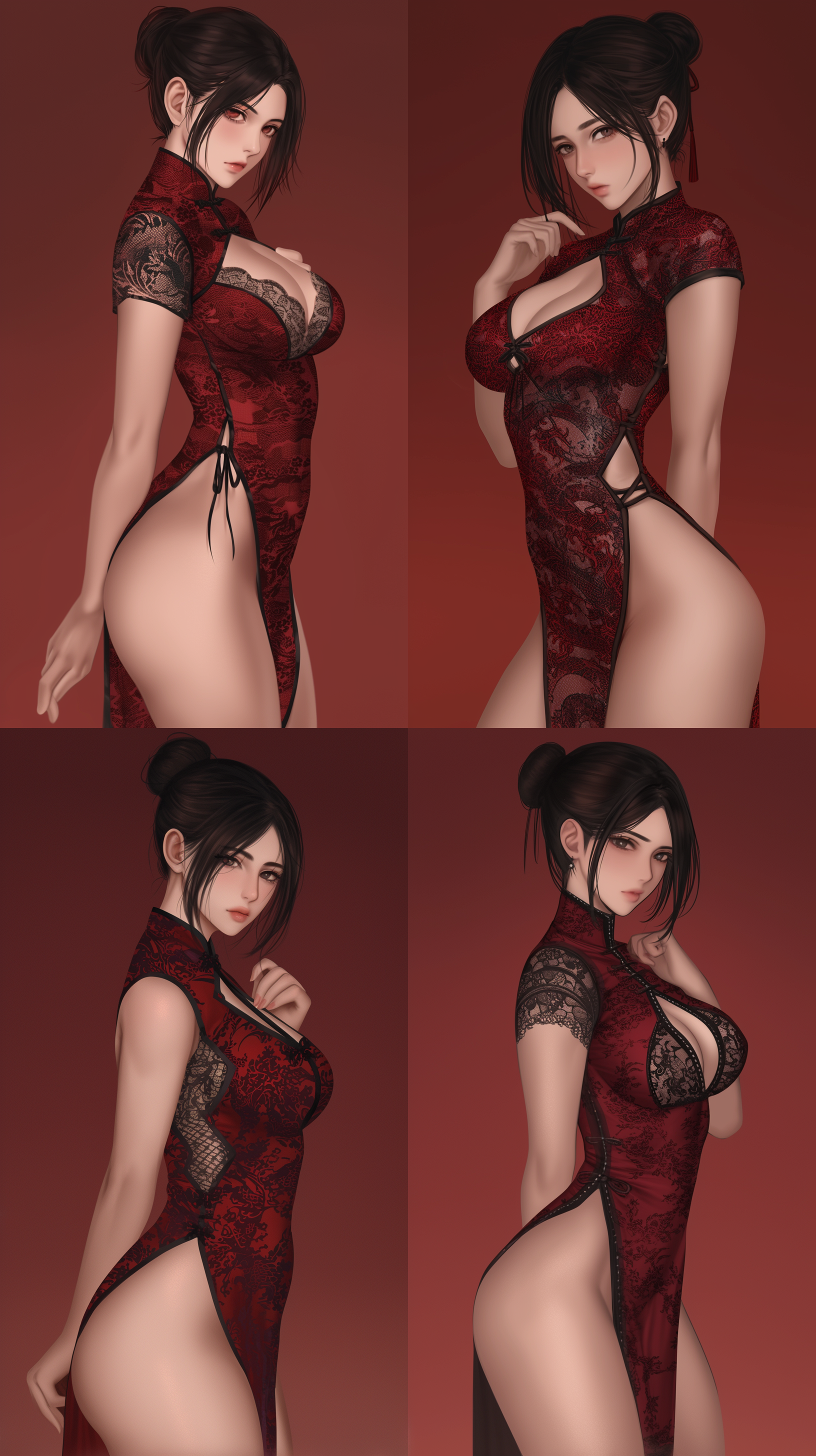 春丽传统旗袍，红色背景，对称构图，鲜艳色彩，柔和光线，长焦镜头，坚定自信表情，高饱和度，中国元素，传统风格，立姿，自信。 卡通 创风格 天空 红 全身 明亮的 调色板