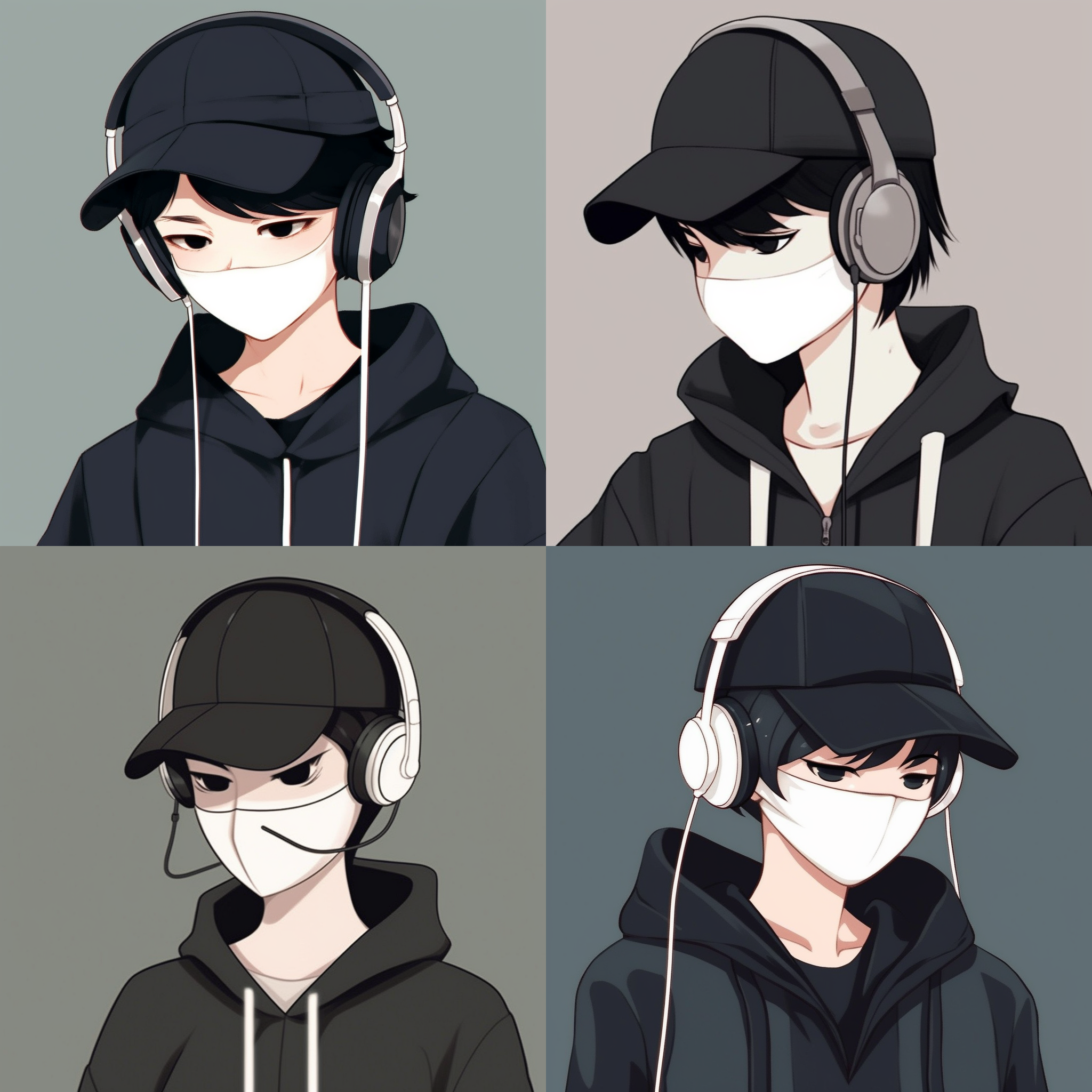 帮我设计一个男生的微信头像，要侧面，戴鸭舌帽，白色口罩，带挂绳耳机，有点动漫的感觉，黑白色基调