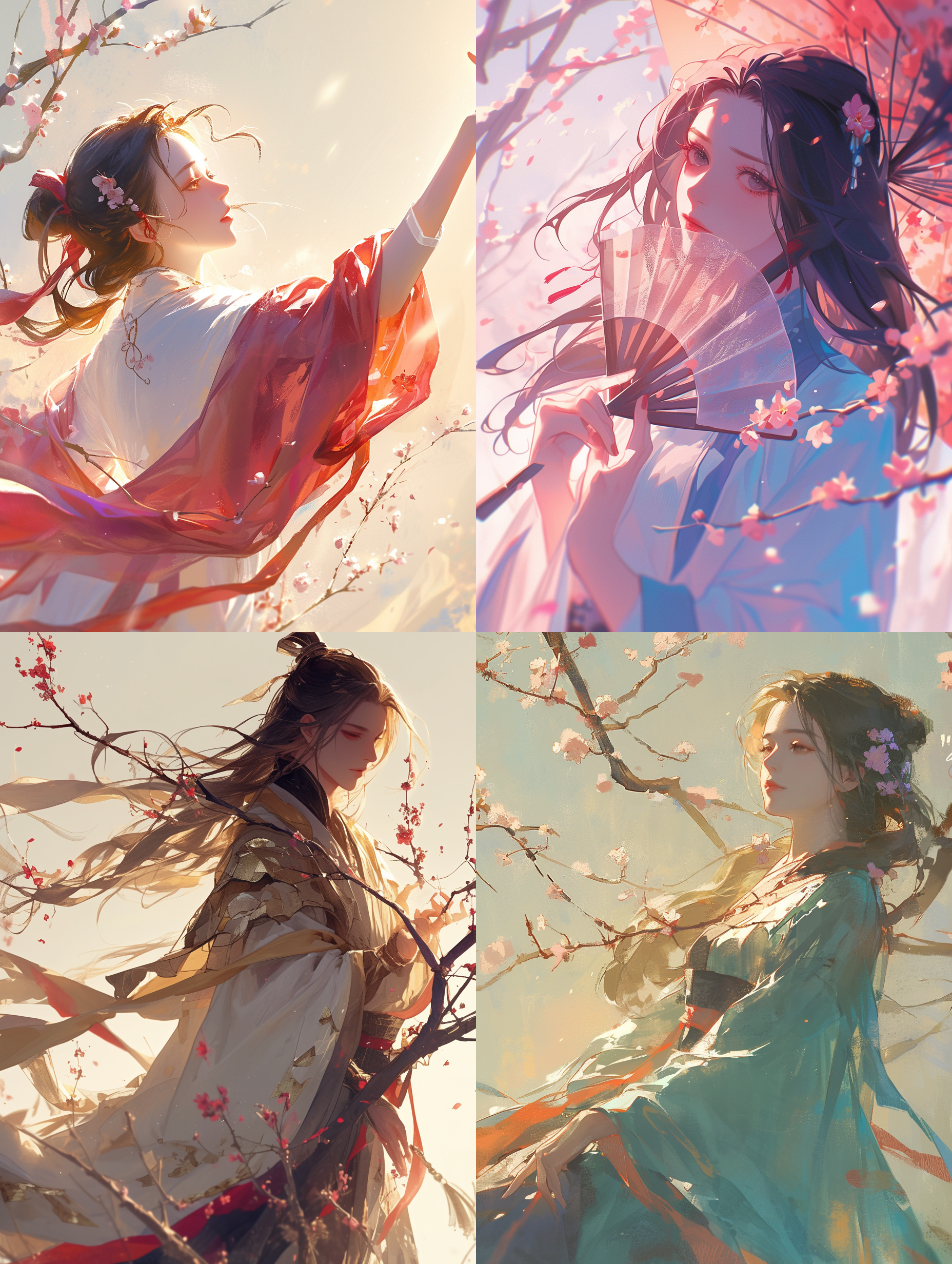 汉服女孩，春寒料峭，梅花含苞，初升的太阳温暖大地，柔和色调，中焦镜头，自然光，优美动作，宁静欣喜。 