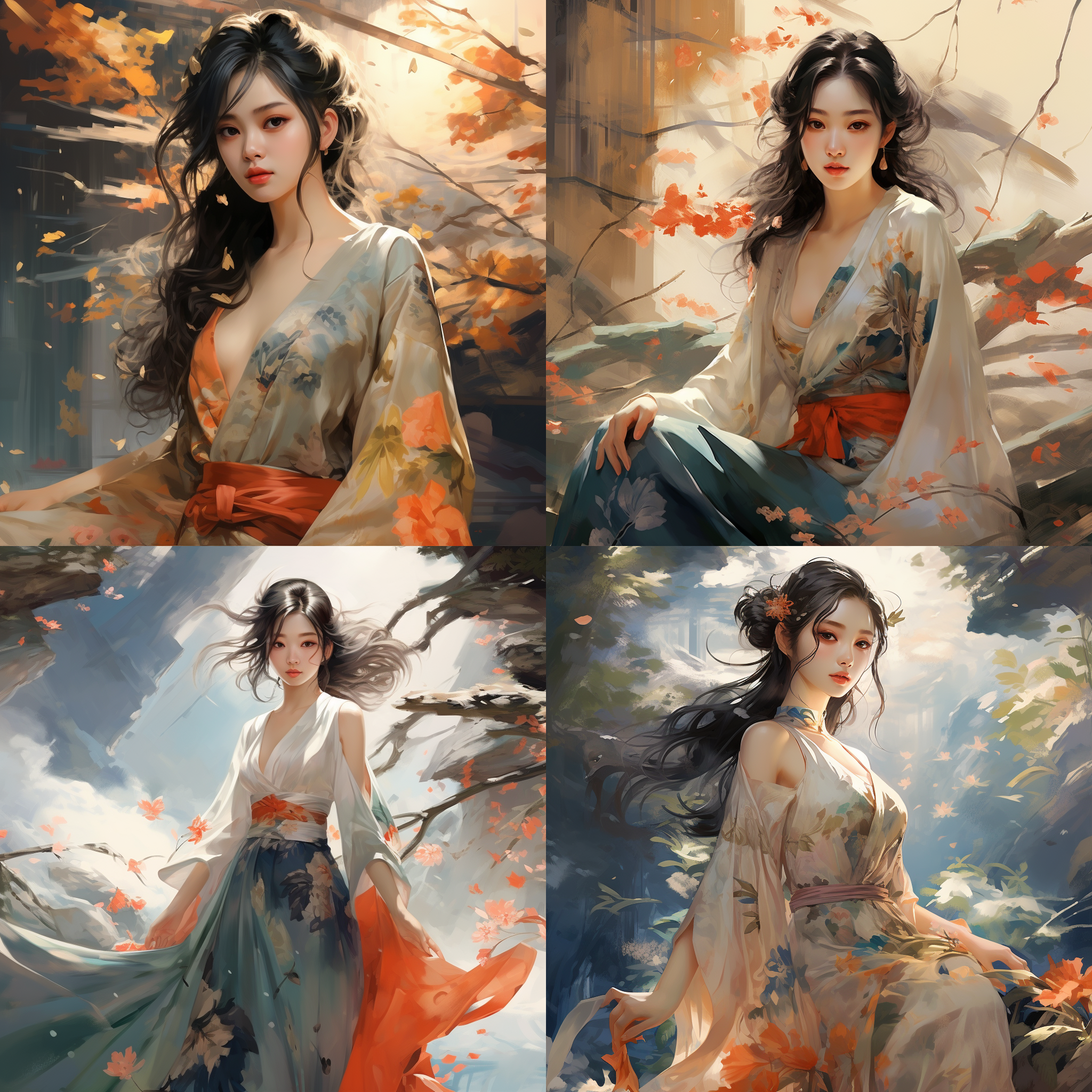 中国女人，全身，中国风景，写实绘画，修仙，完美世界动漫画风，色彩鲜明，风格抽象唯美 