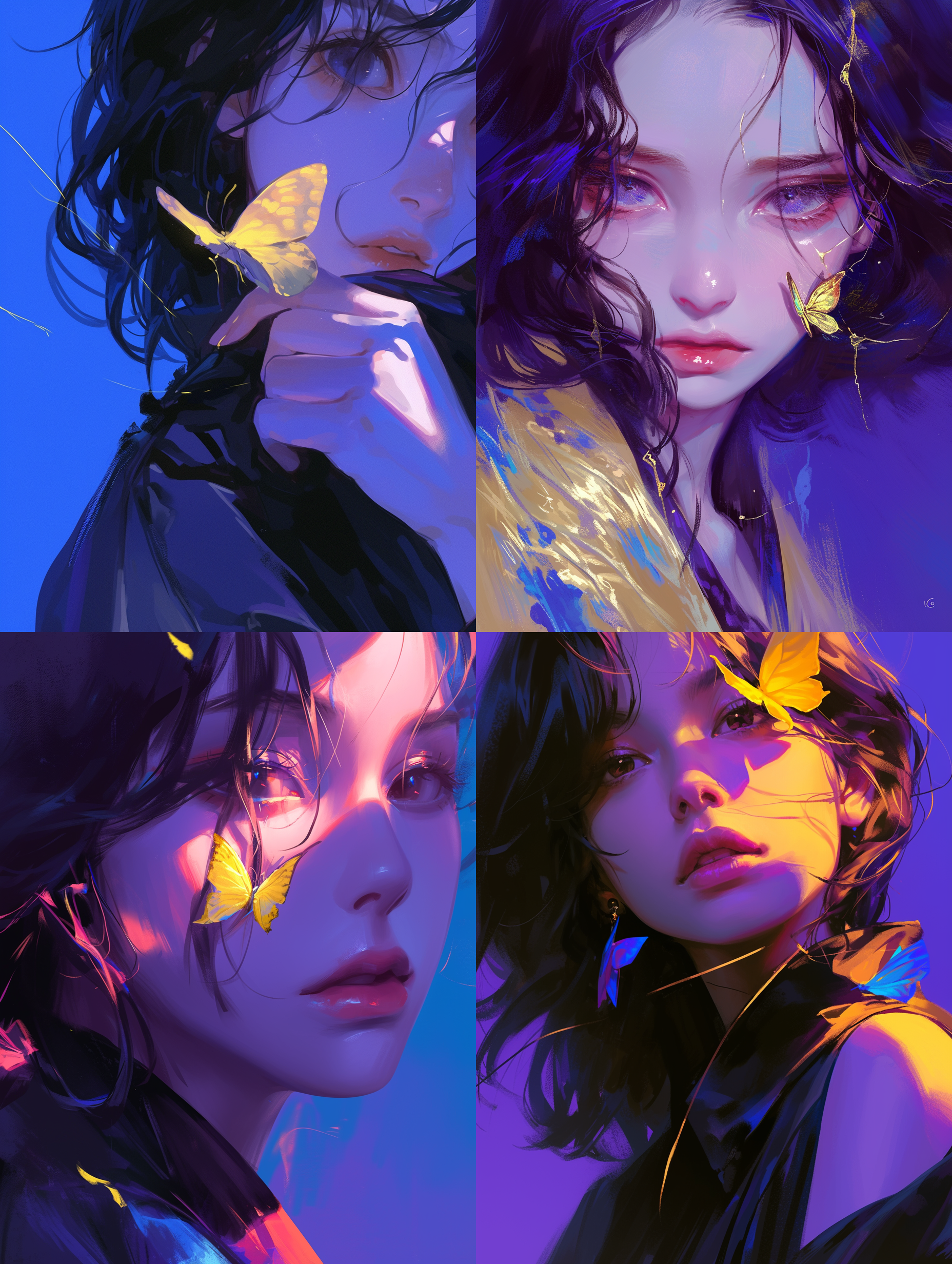 神秘女人，黄色蝴蝶停留在脸上，黑发，深邃眼神，忧郁表情，柔和光线，梦幻氛围，半身特写，蓝紫色调背景，眼神深邃，温暖。特写，柔焦，肖像模式，神秘感，超广角，紫罗兰，暗调，凝视，神秘。