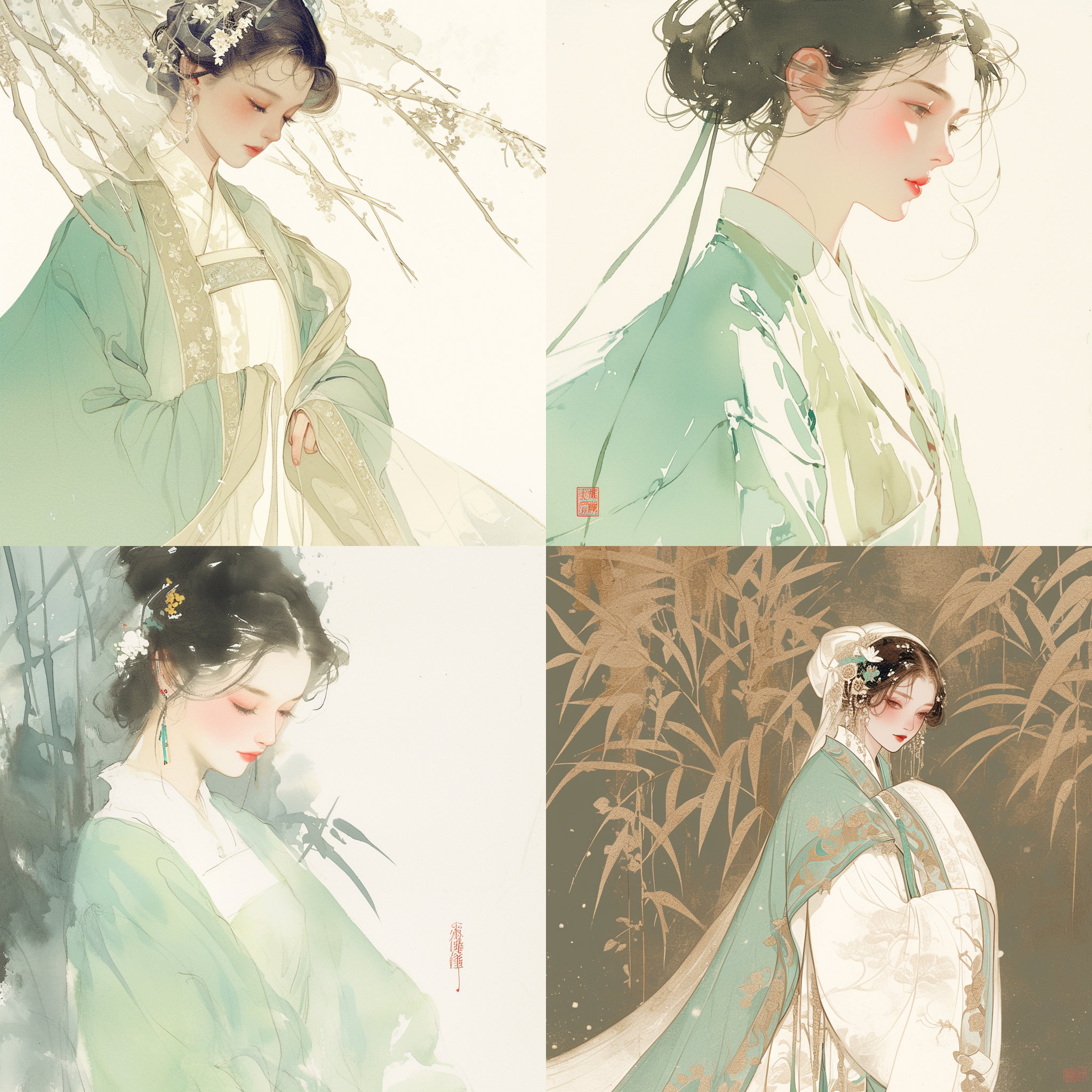 女性穿绿色汉服，典工笔画，半身像，淡彩，大面积留白，透气画面，艺术感，鹤田一郎，端庄优雅，静谧祥和，传统风情，细腻细节。