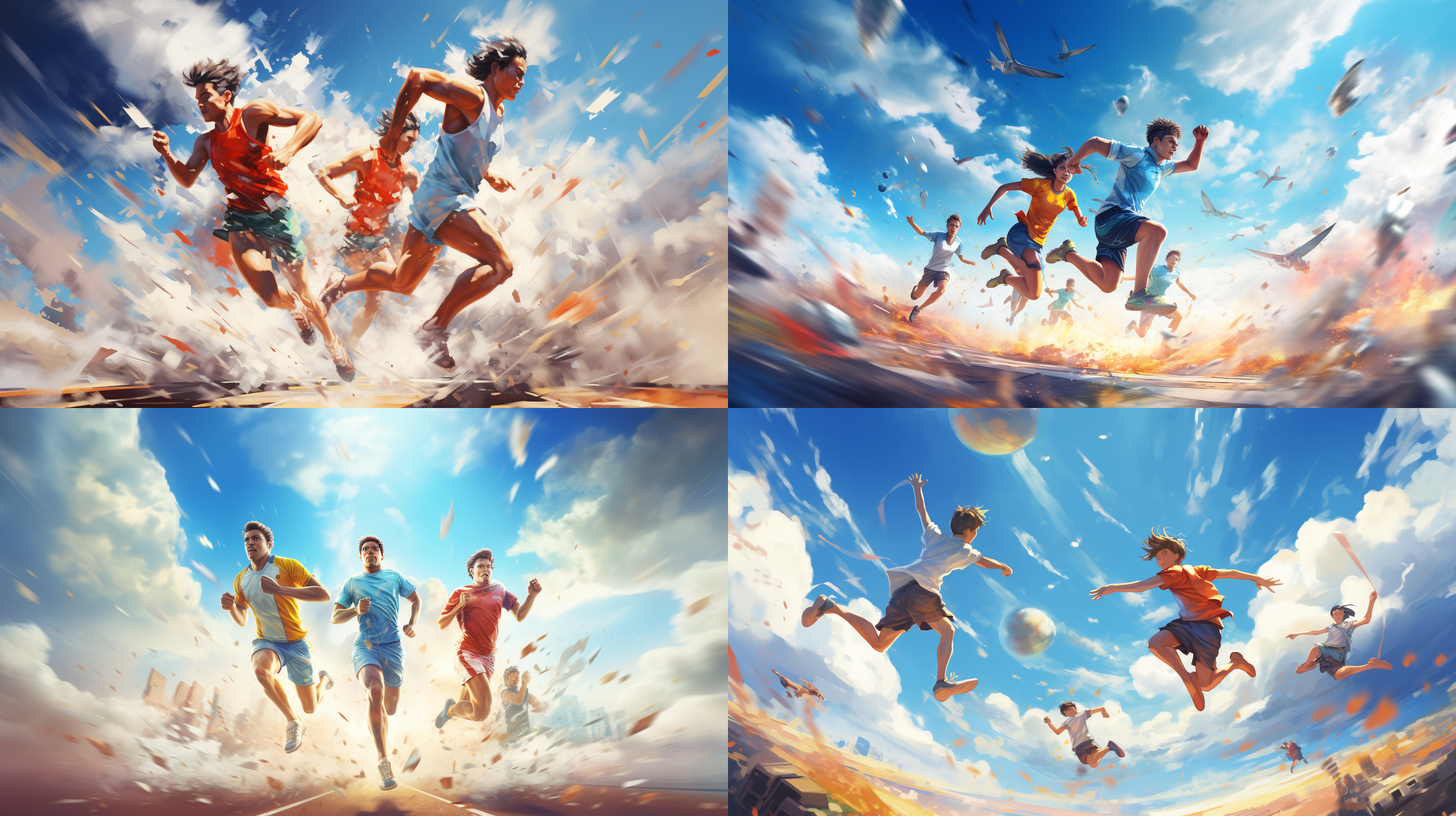 动态，饱满的表情，明亮的阳光，活力四射，自由奔放，竞技场地，运动时刻，快速运动，热烈的比赛氛围，蓝天白云，四人对战。