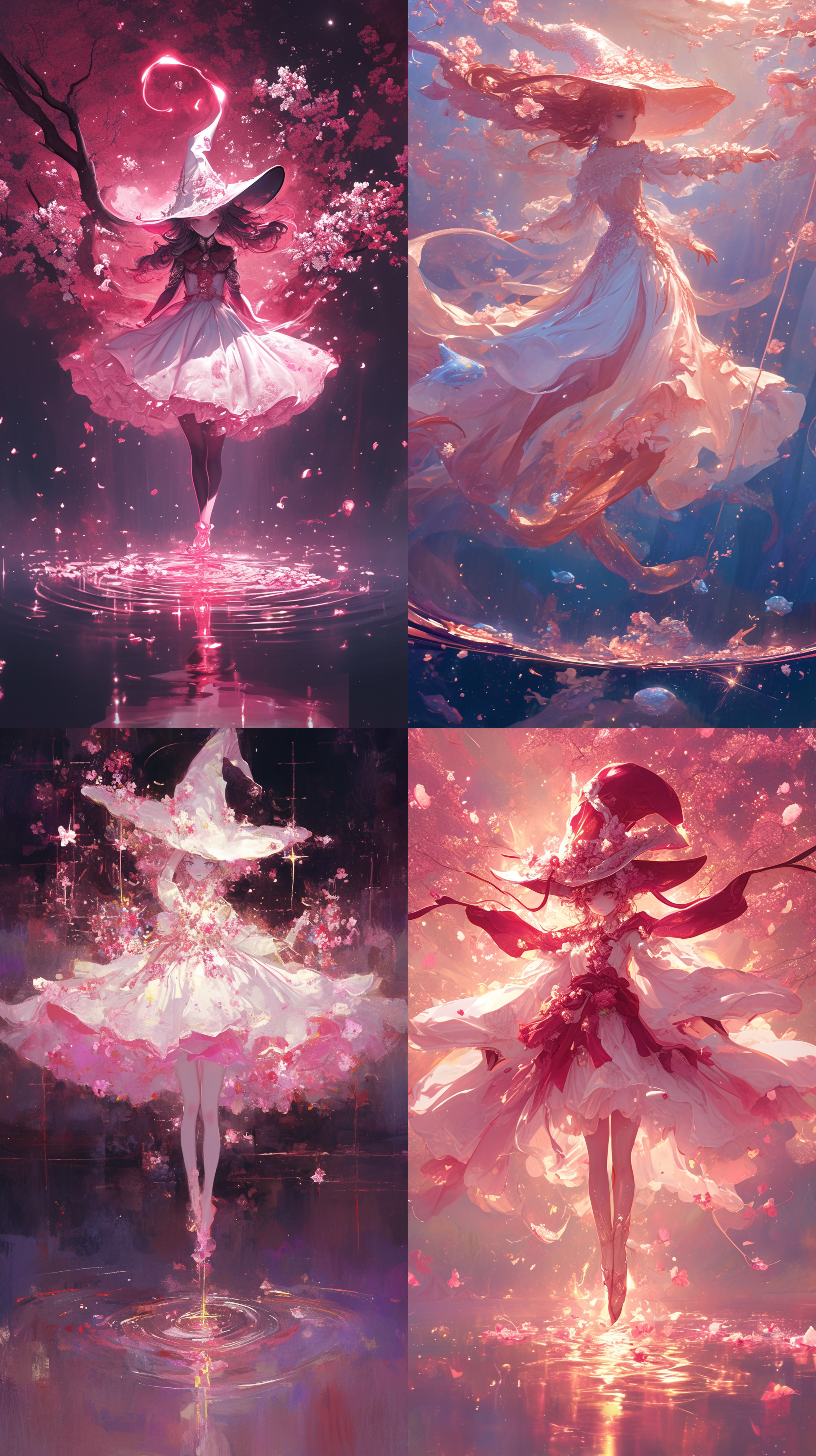 带着大魔法师帽的少女，粉白相间的裙摆，人物全身，洛可可风格，粉色调，浅白和淡红色，樱花，闪闪发光的水面倒影，魔法符号悬浮，能量展现，流动，超现实，画作，空灵，融合真实和幻想元素，复杂图案，细腻线条