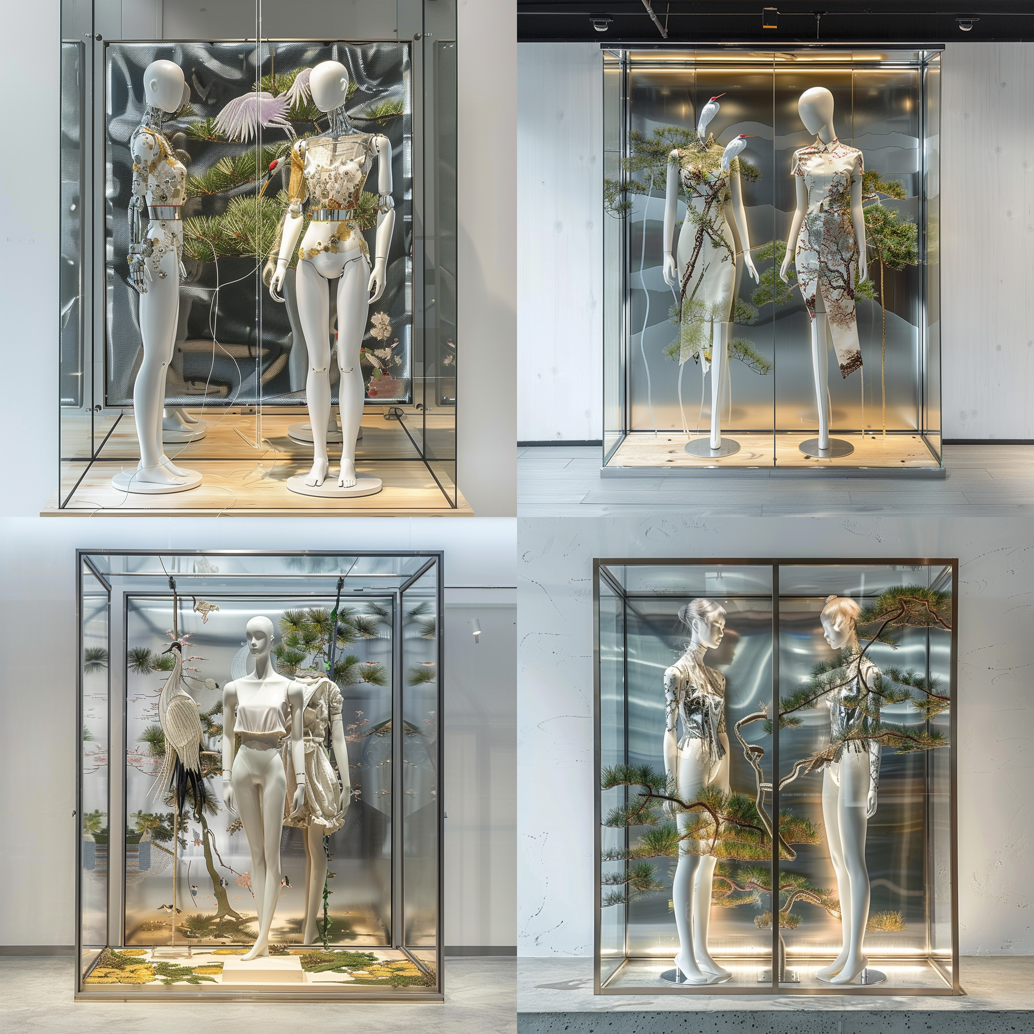the display window of the fashion store is about 3 meters wide, with two white technology models standing side by side in the middle of the window. behind it is a silver screen with pictures of pine trees and cranes. the left side is the wall, the front and right sides are glass, and the back is a mirror. 中式赛博 刺绣 干净背景 未来主义