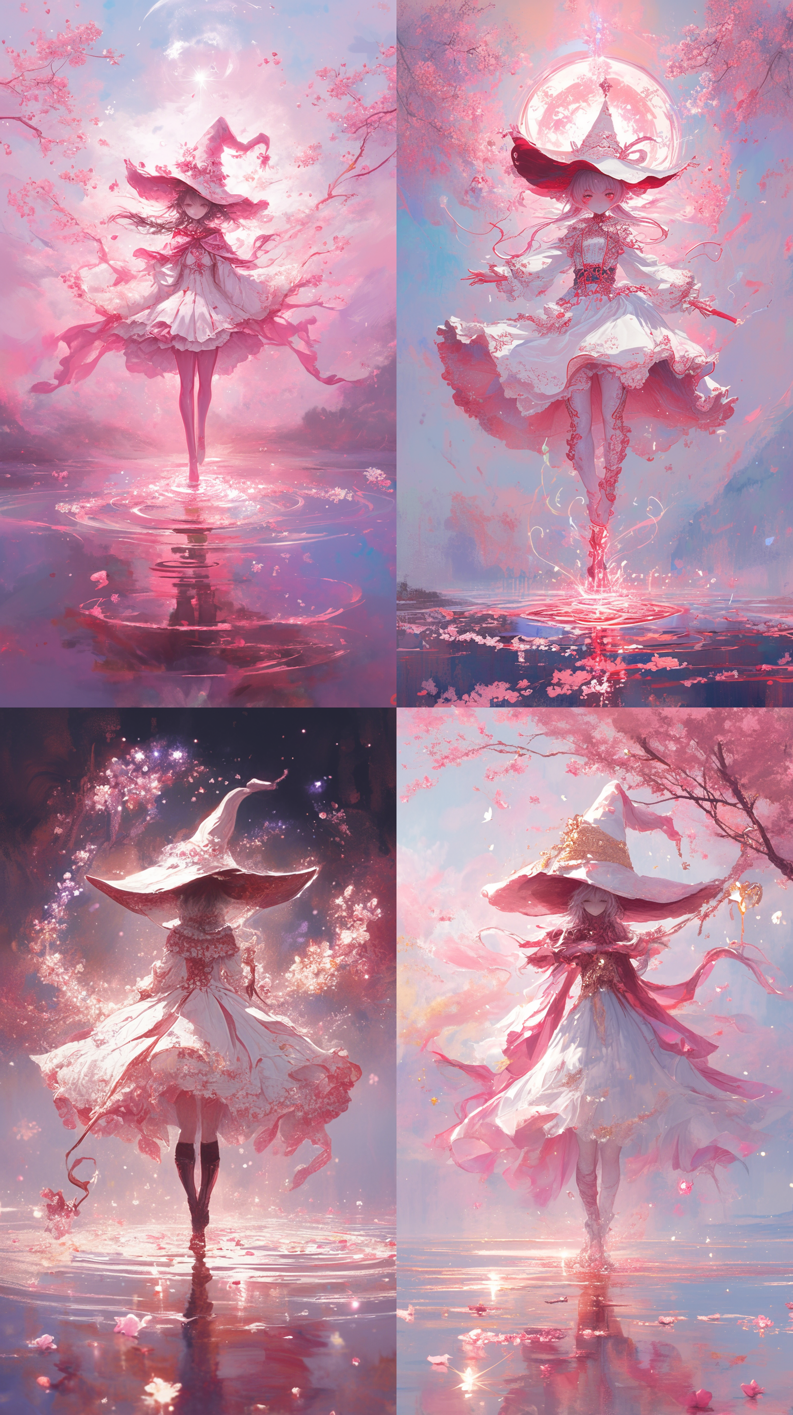 带着大魔法师帽的少女，粉白相间的裙摆，人物全身，洛可可风格，粉色调，浅白和淡红色，樱花，闪闪发光的水面倒影，魔法符号悬浮，能量展现，流动，超现实，画作，空灵，融合真实和幻想元素，复杂图案，细腻线条